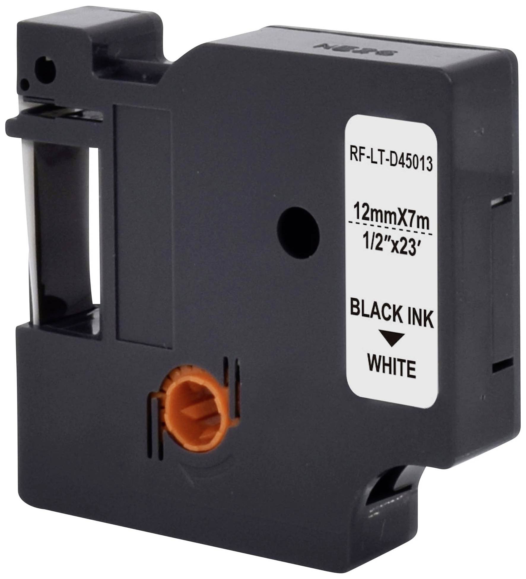 Kartusche mit schwarzer Tinte, weiße Beschriftung, 12 mm Breite, 7 m Länge.