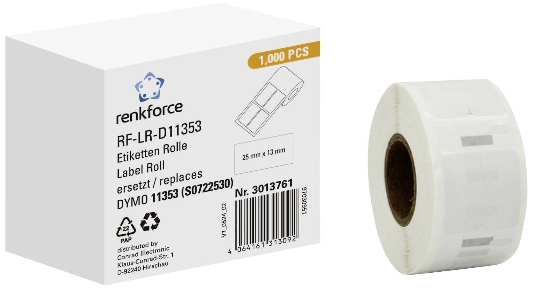 Etikettenrolle von renkforce, Modell RF-LR-D11353, 25 mm x 13 mm, 1.000 Stück, kompatibel mit DYMO 11353, neben Verpackung gezeigt.