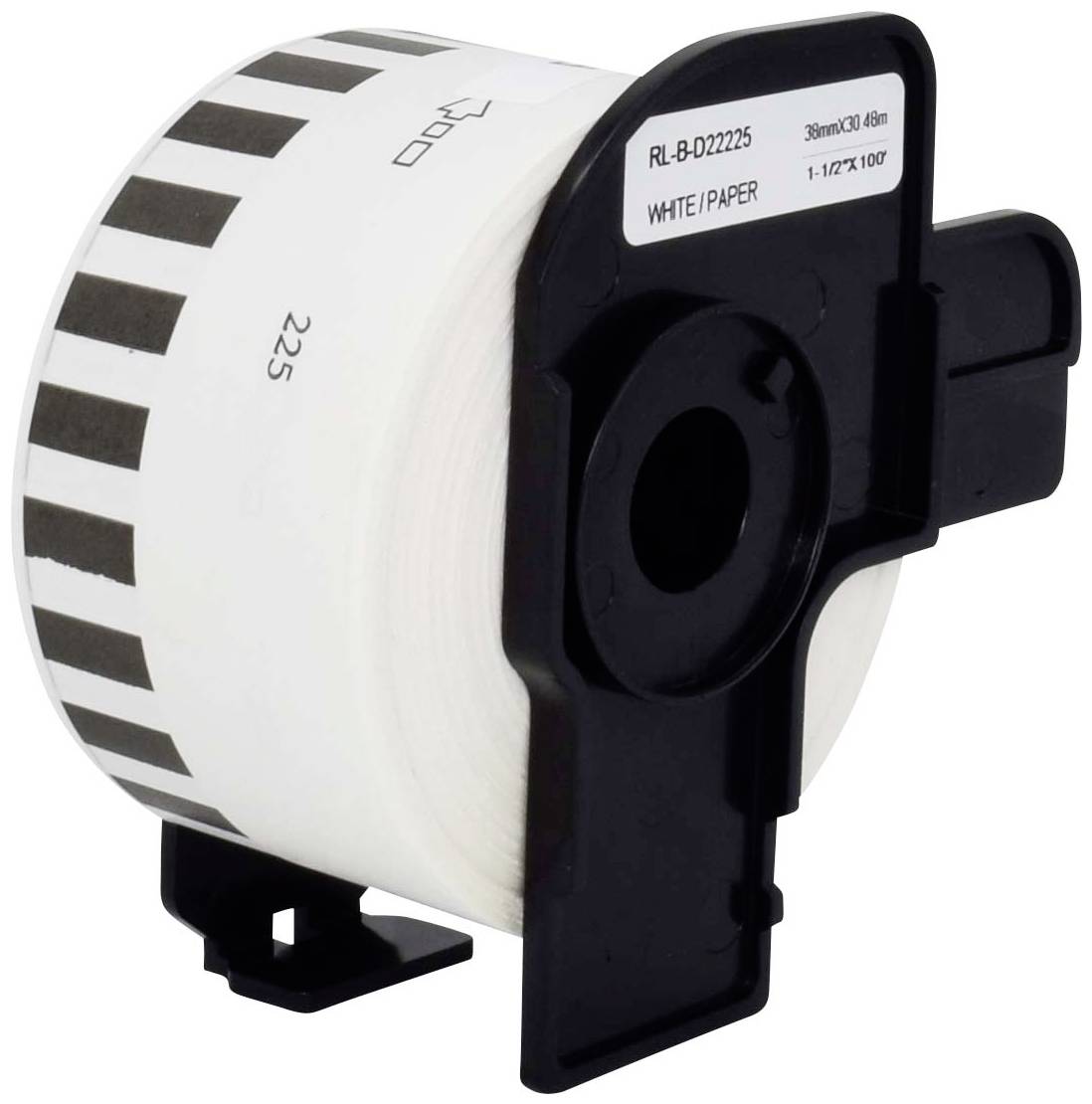 Etikettenrolle für Drucker, rechteckige schwarze Halterung, auf weißem Papier, breite schwarze Streifen an der Oberkante.