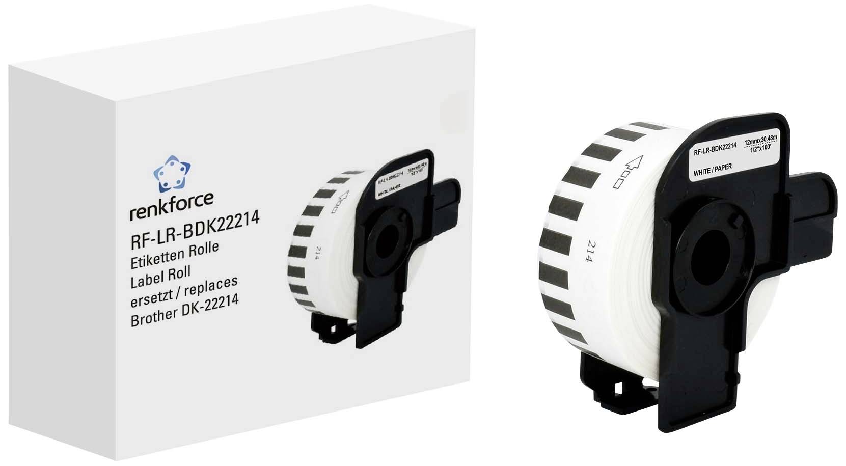 Eine Verpackung und eine Etikettenrolle der Marke renkforce, Modell RF-LR-BDK2214, kompatibel mit Brother DK-22124.