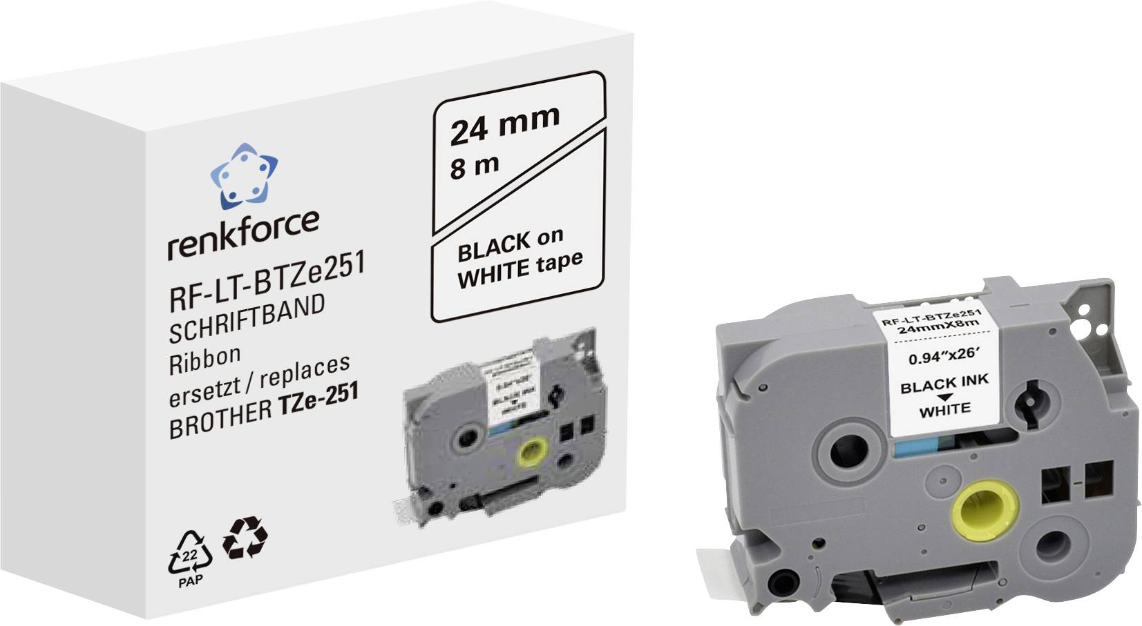 Verpackung und Kassette eines Renkforce Schriftbands, 24 mm Breite, 8 m Länge, schwarz auf weißer Folie. Ersetzt Brother TZe-251.