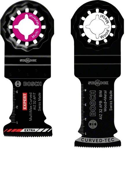 Zwei schwarze Bosch Multiwerkzeug-Sägeblätter für Holz/Metall mit unterschiedlichen Formen und Beschriftungen. Links: 