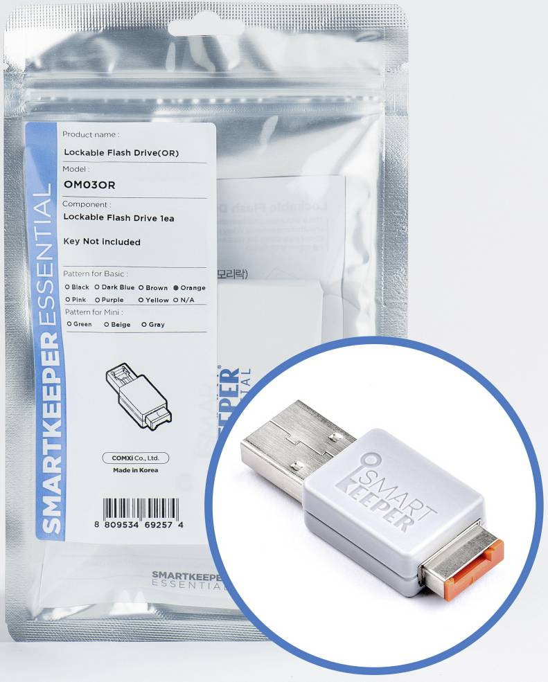 USB-Sicherheitsgerät mit Verschluss und Schlüssel im versiegelten Beutel, Produktname 'Lockable Flash Drive(OR)' für Datensicherung.