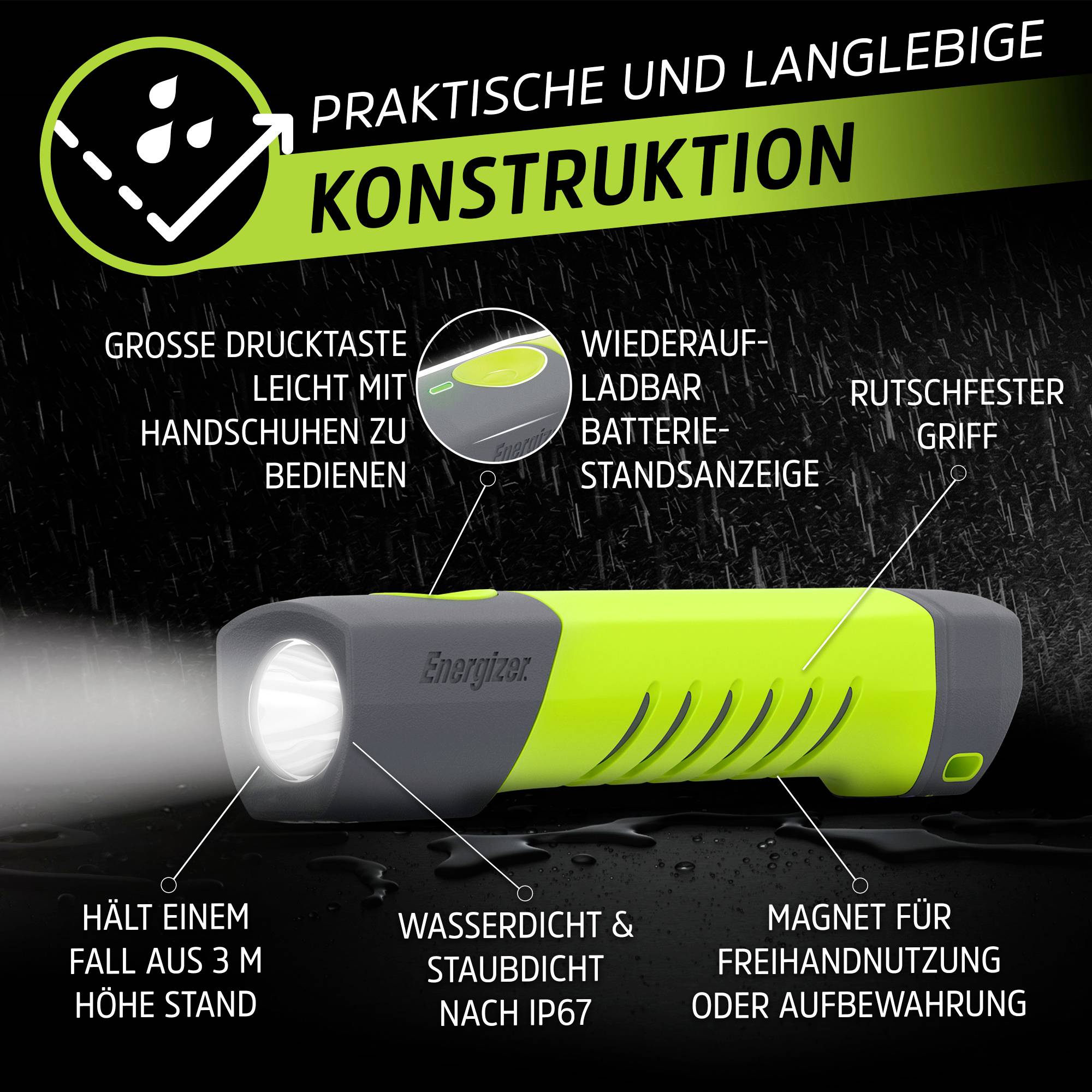 Praktische und langlebige Taschenlampe: wasserdicht, stoßfest, mit rutschfestem Griff, Batterieanzeige und Magnet für flexible Nutzung.