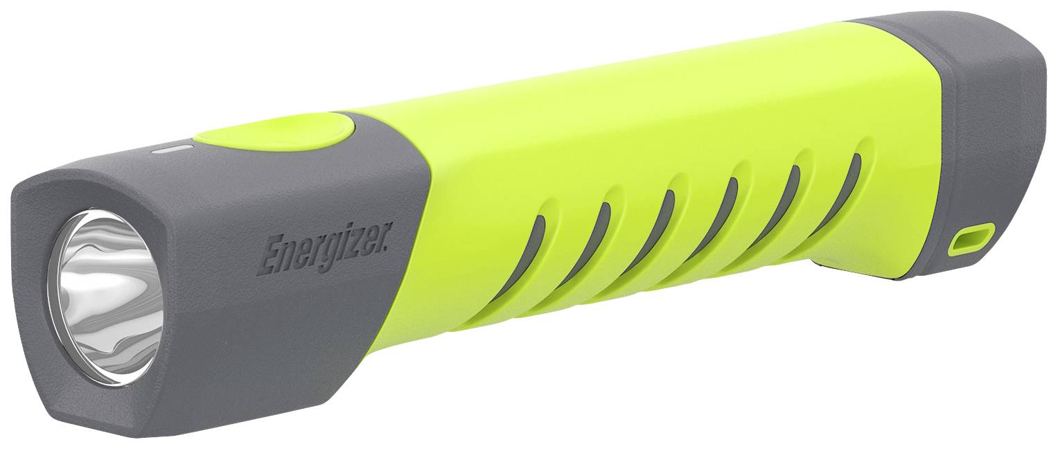 Eine elektrische Taschenlampe mit grauem Kopf und leuchtend gelbem Griff, auf dem 'Energizer' steht.