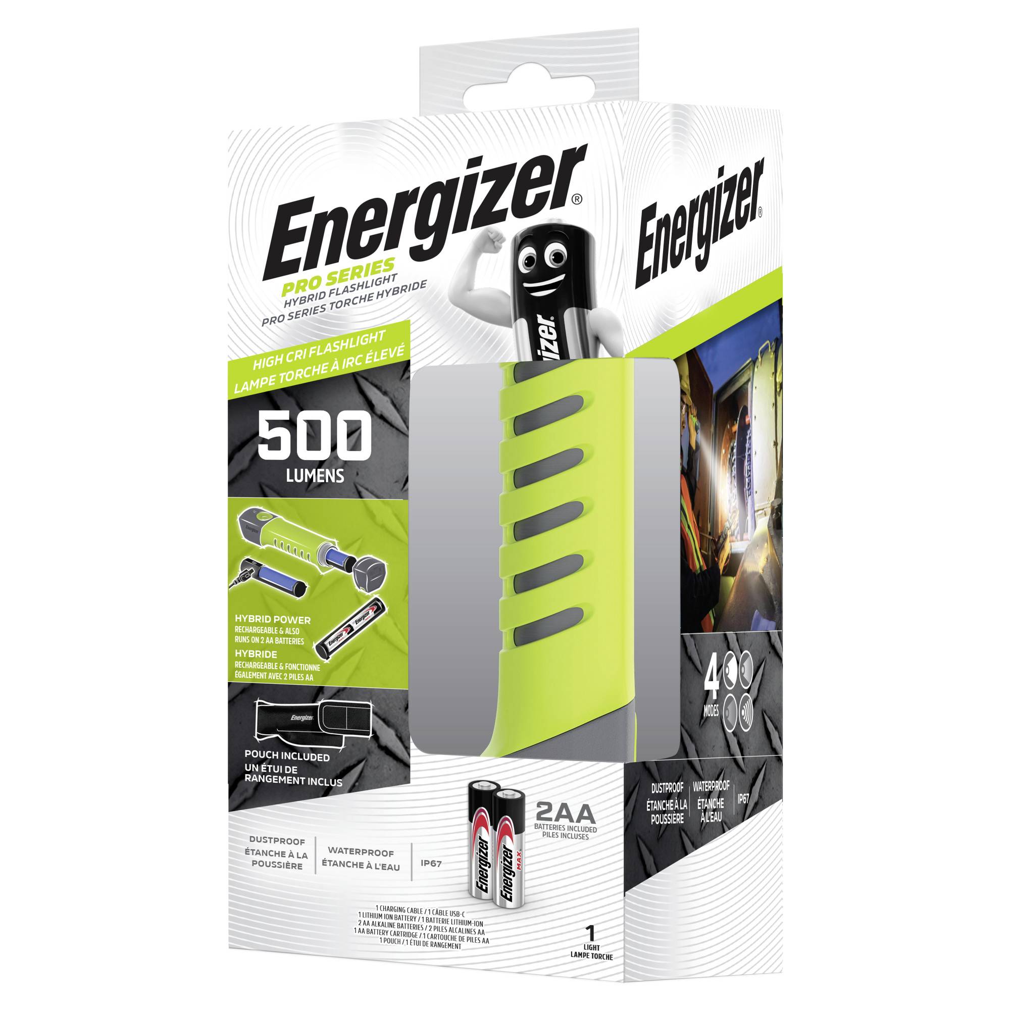 Energizer-Taschenlampe-Verpackung. Enthält Angaben: 500 Lumen, wasserdicht, 2 AA-Batterien nötig. Abbildung einer Taschenlampe.