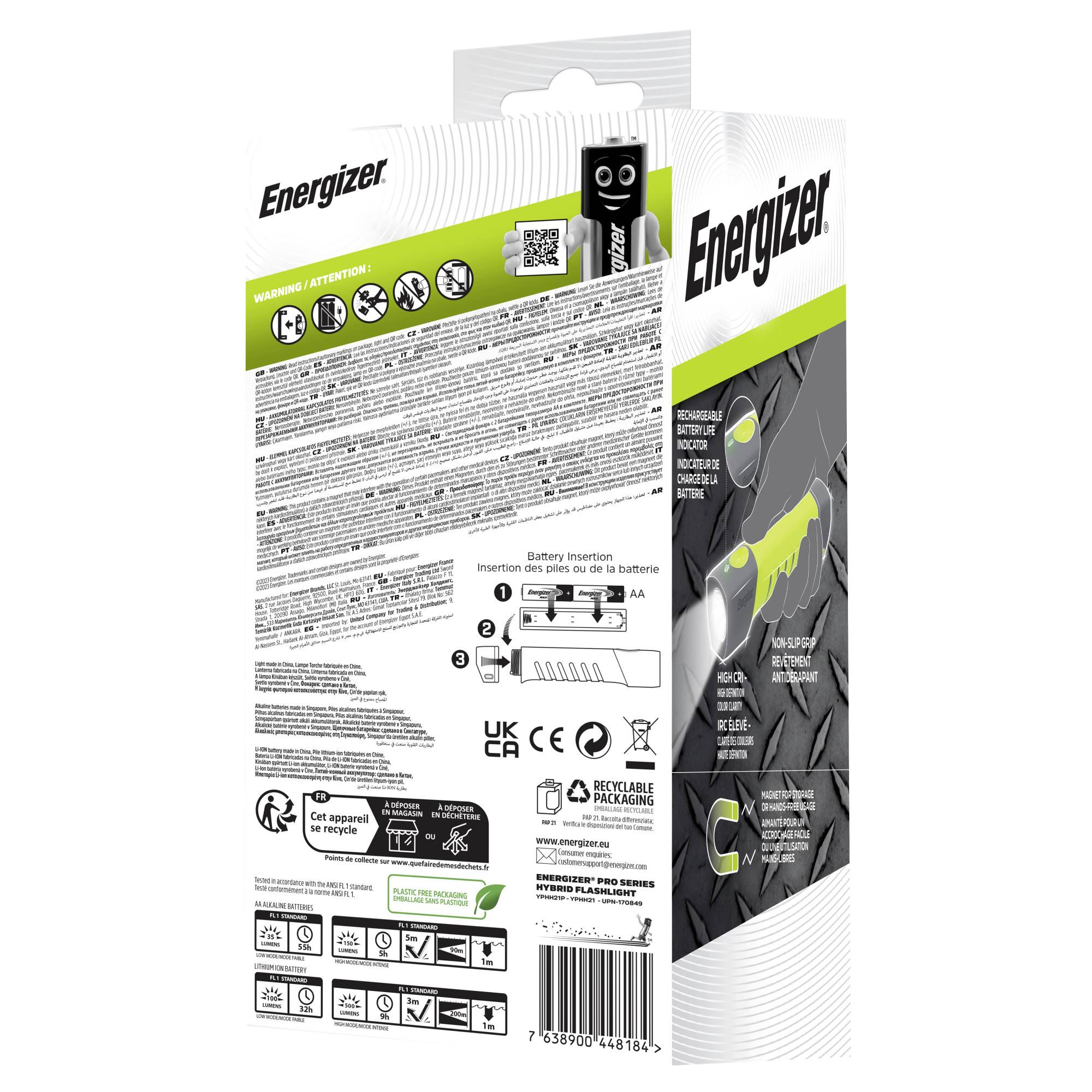 Verpackung einer Energizer-Taschenlampe mit Beschreibungen zur Nutzung und Sicherheitshinweisen. Enthält Symbole für verschiedene Batterietypen.