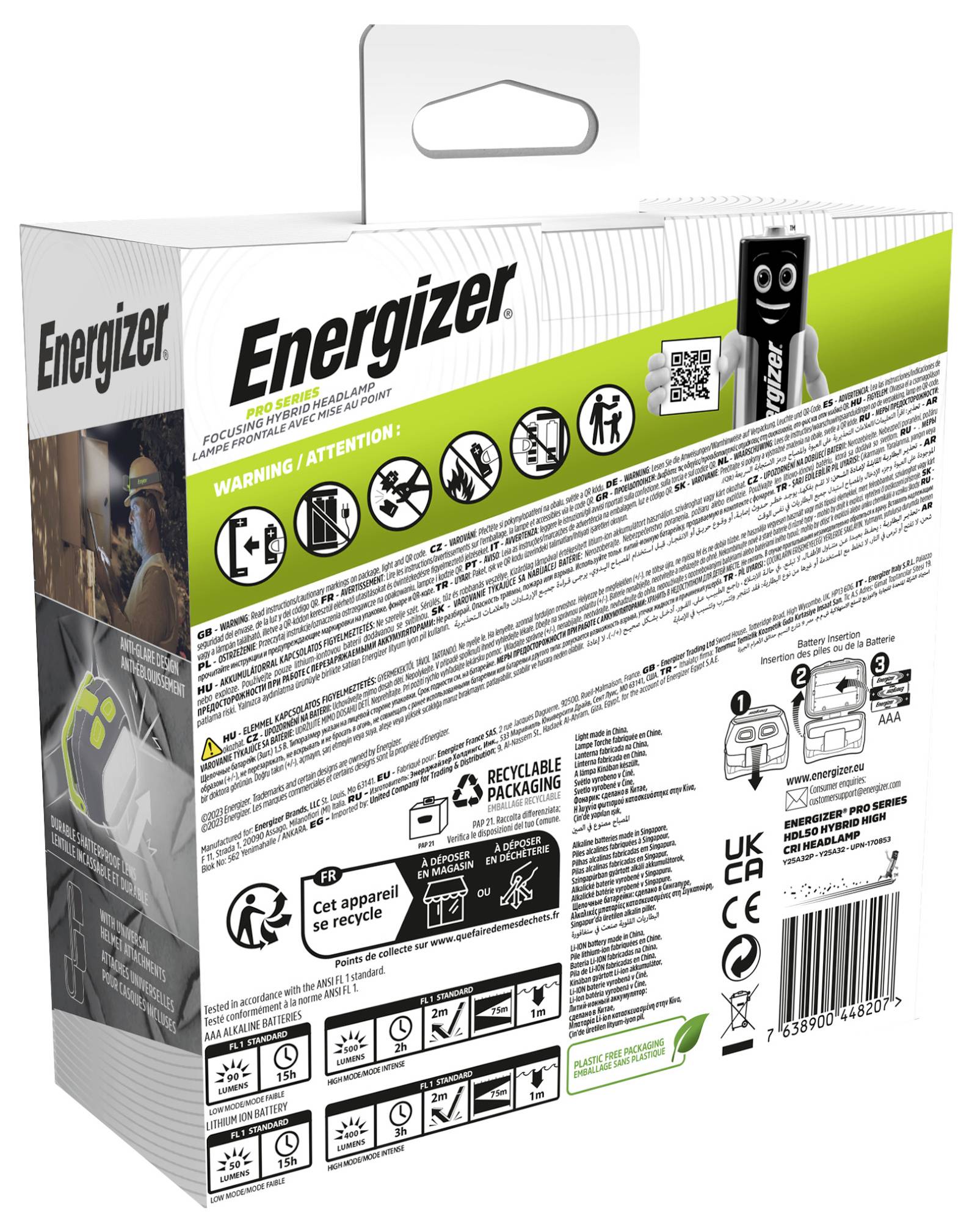 Energizer Pro Series Hybrid LED Stirnlampe Li-Ionen Akkus oder batteriebetrieben 500lm 2h E303955100