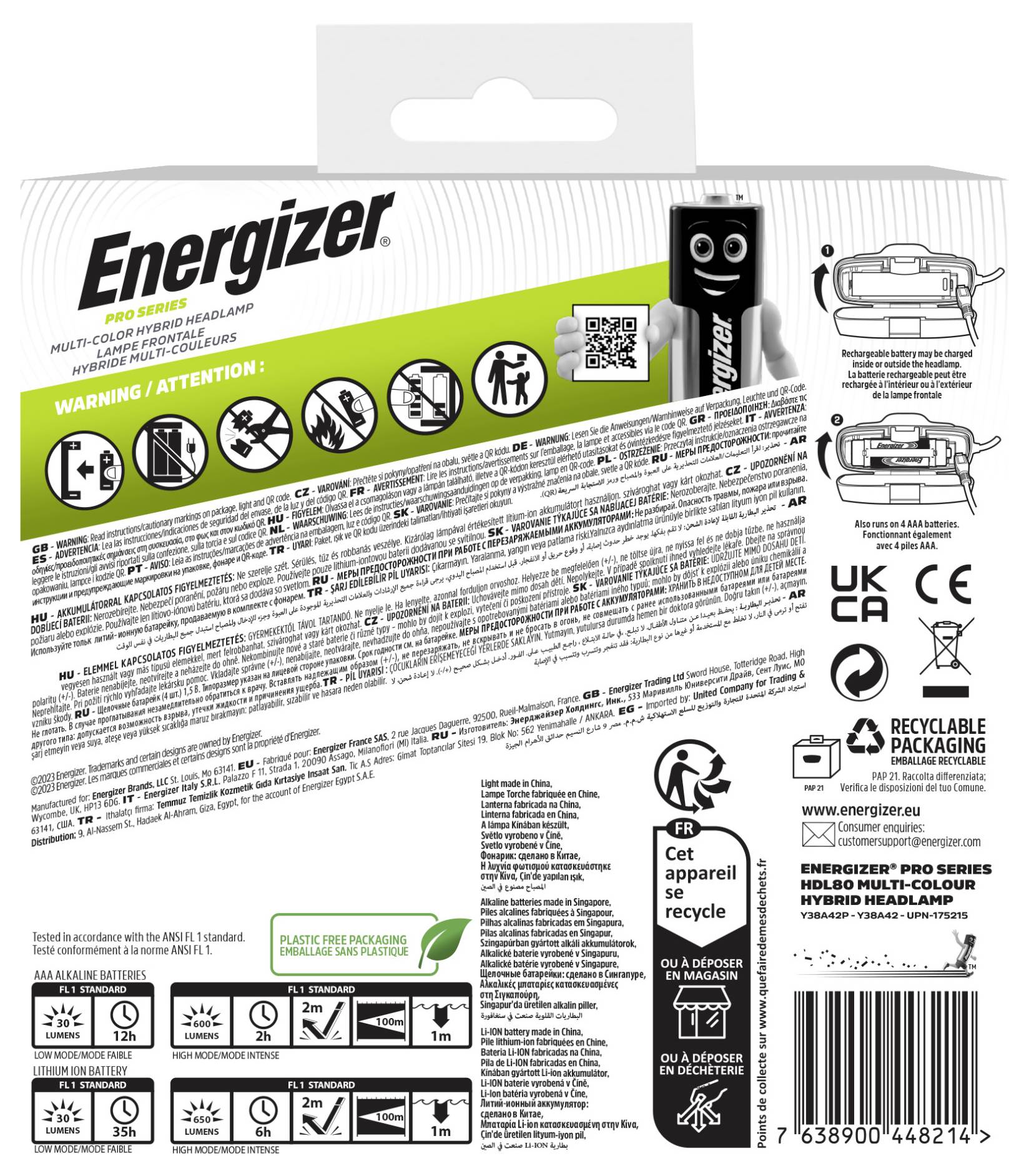 Energizer Pro Series Multicolor Hybrid LED Stirnlampe Li-Ionen Akkus oder batteriebetrieben 650lm 6h E303955400