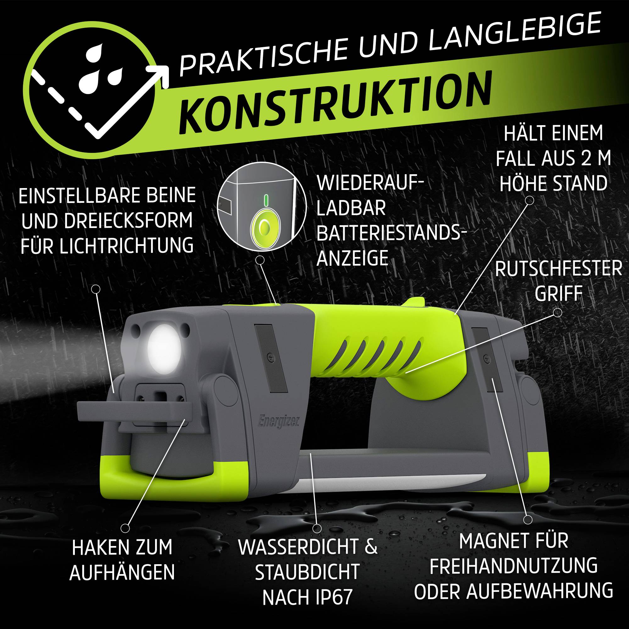 Energizer E303954400 Pro Series Worklight LED Arbeitsleuchte Li-Ionen Akkus oder batteriebetrieben 1000lm