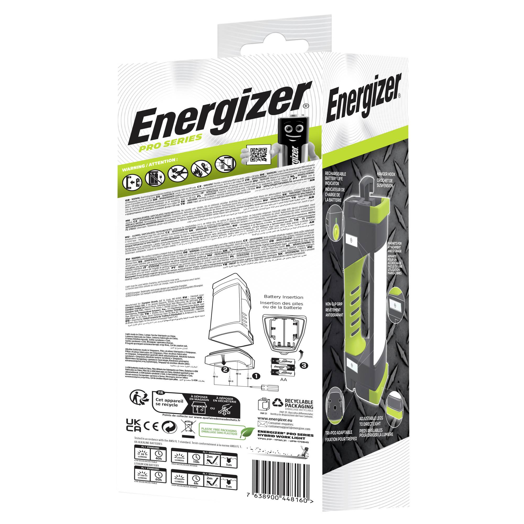 Energizer E303954400 Pro Series Worklight LED Arbeitsleuchte Li-Ionen Akkus oder batteriebetrieben 1000lm