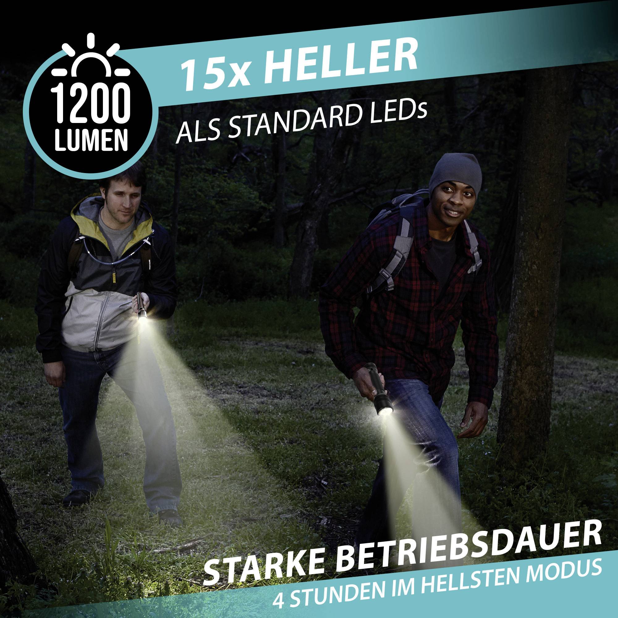 Zwei Personen gehen nachts im Wald mit Taschenlampen. Text zeigt: '15x heller als Standard LEDs', '1200 Lumen', und '4 Stunden Betriebsdauer'.