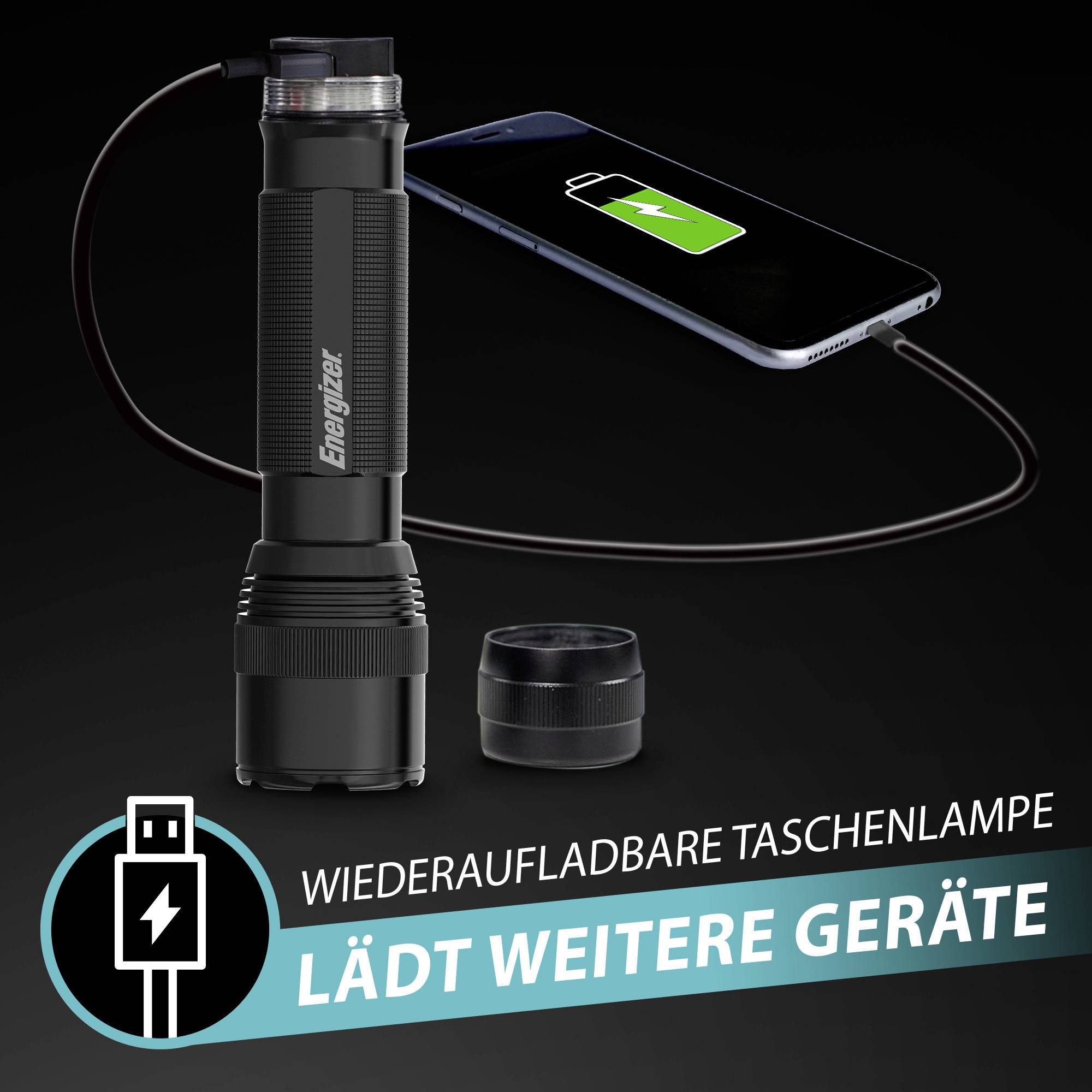 Wiederaufladbare Taschenlampe von Energizer neben einem Ladegerät-Symbol und Text: 'Lädt weitere Geräte'.