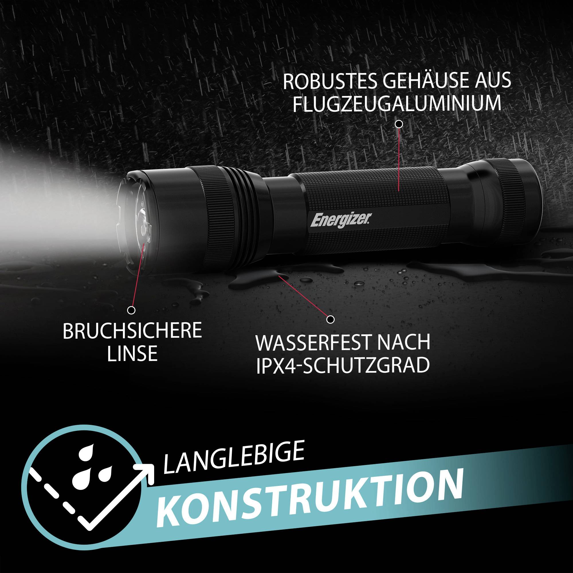 Taschenlampe bei Dunkelheit mit robustem Gehäuse aus Flugzeugaluminium, bruchsicherer Linse, wasserdicht nach IPX4, mit Text 'Lang­lebige Kon­struktion'.