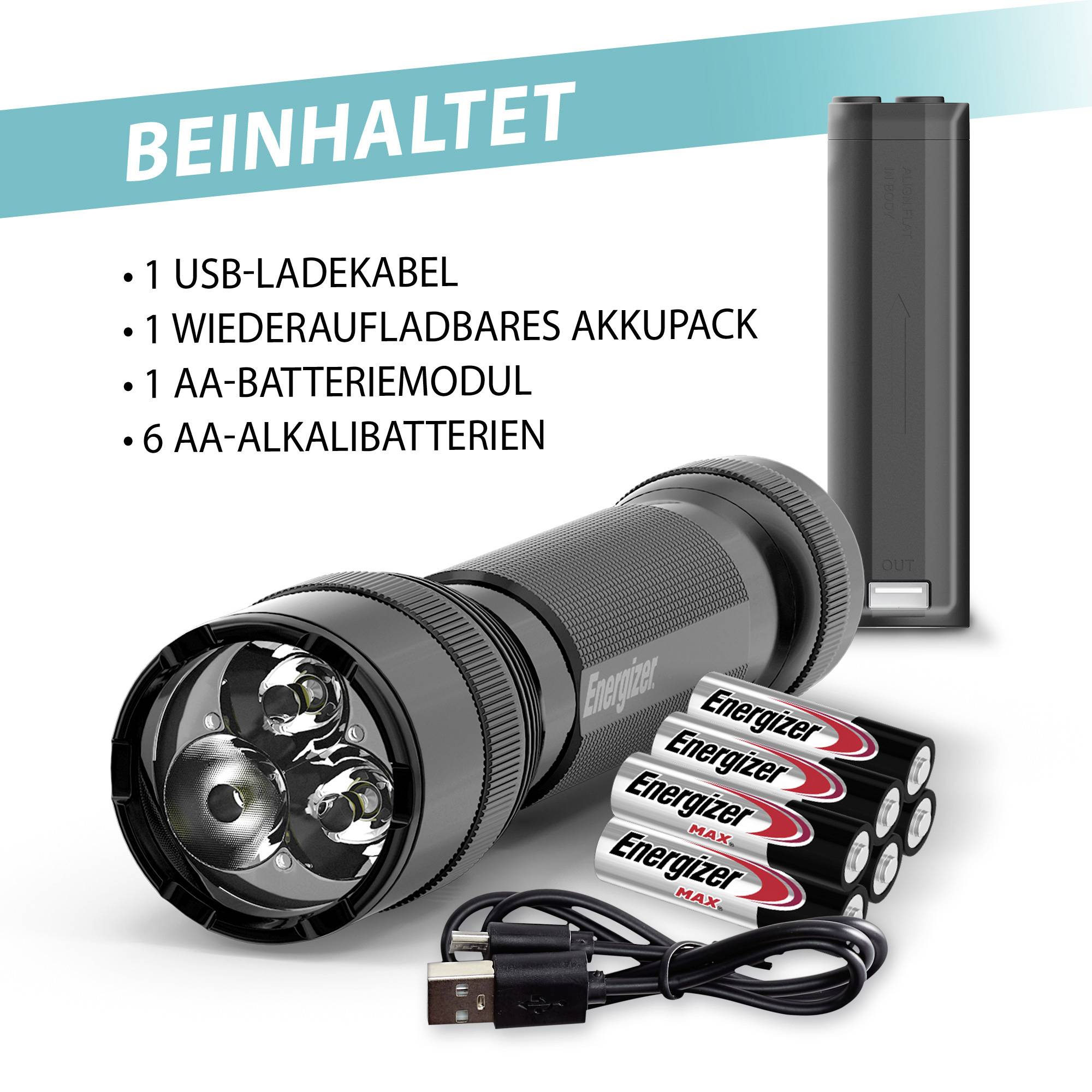 Abgebildet ist eine Taschenlampe mit Zubehör: 1 USB-Ladekabel, 1 wiederaufladbares Akkupack, 1 AA-Batteriemodul, 6 AA-Alkalibatterien.