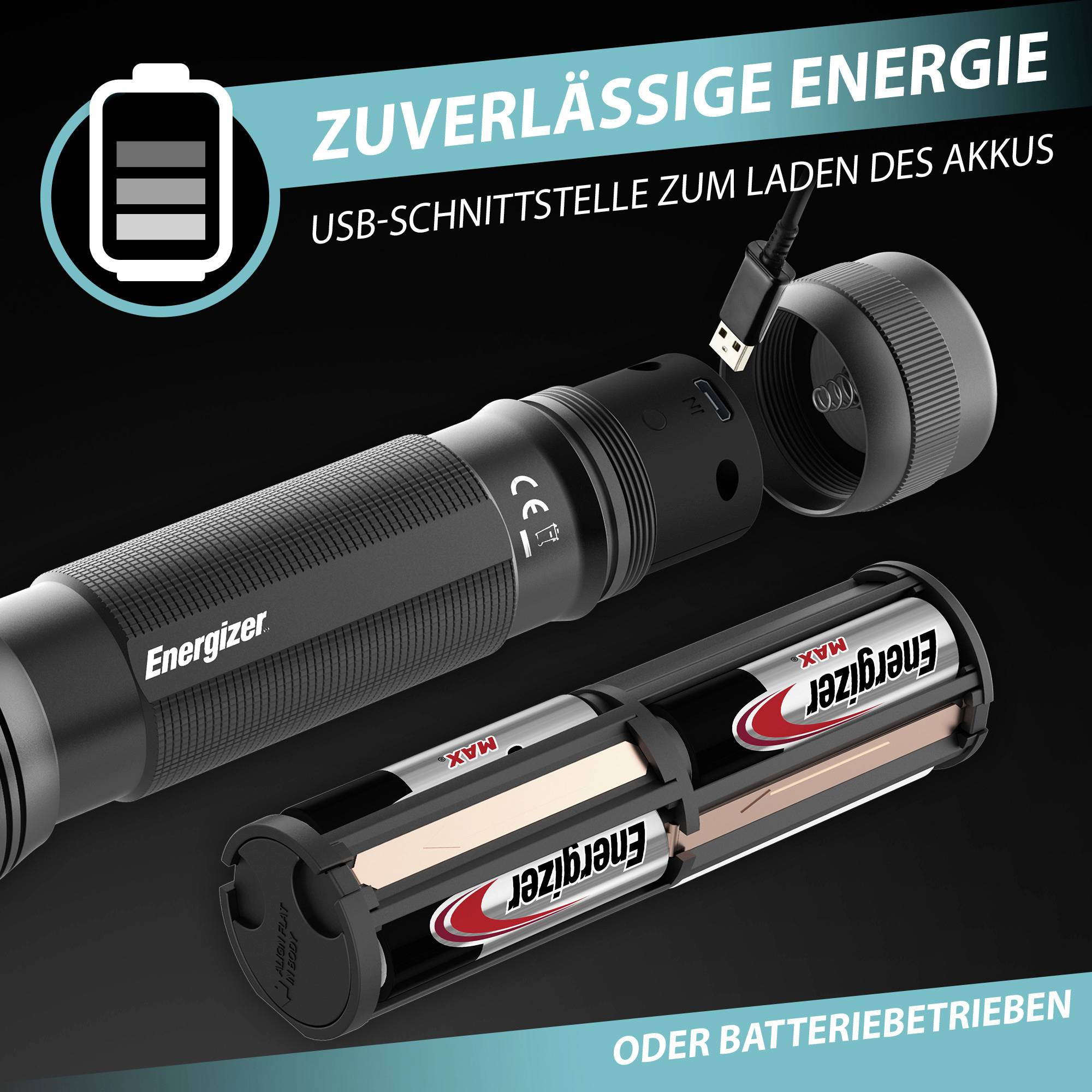 Schwarze Taschenlampe von Energizer mit geöffnetem USB-Ladeanschluss, zeigt innenliegende Batterien. Text: 'Zuverlässige Energie'.