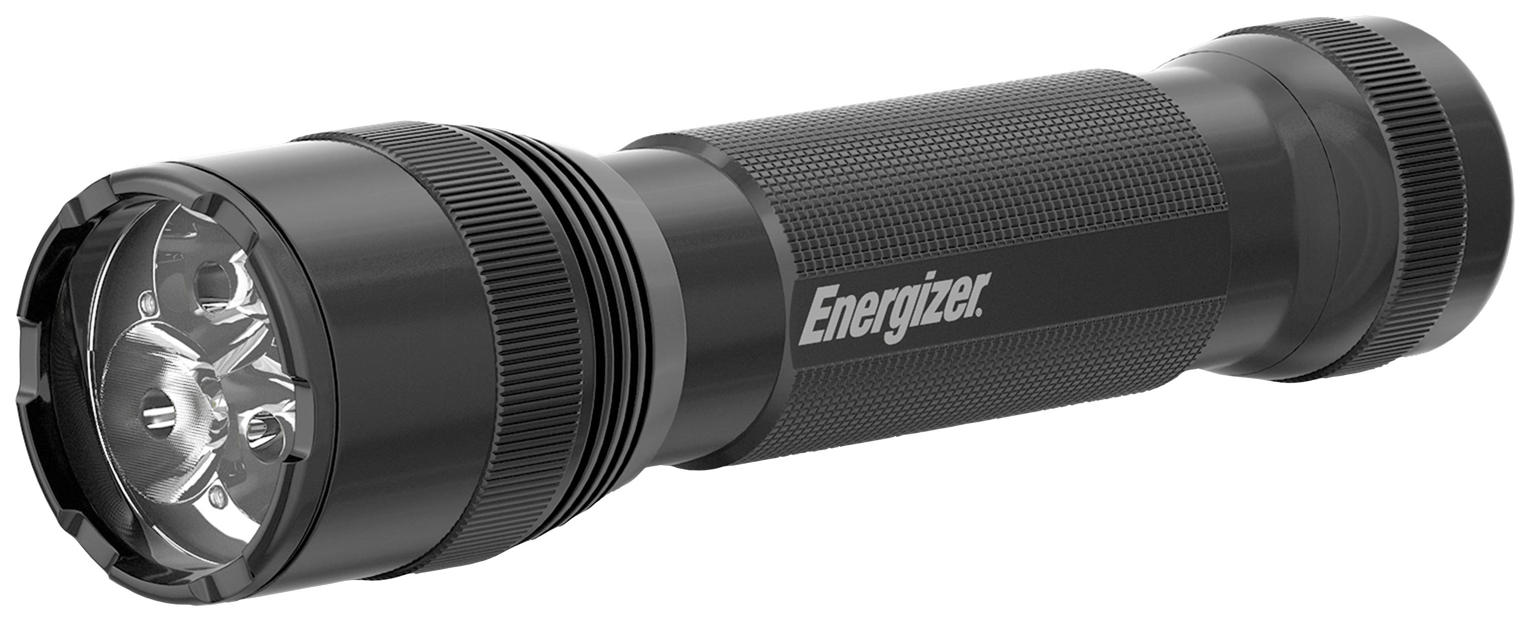 Eine schwarze Taschenlampe mit der Aufschrift 'Energizer' entlang des Griffes. Sie hat mehrere LEDs im Kopf.