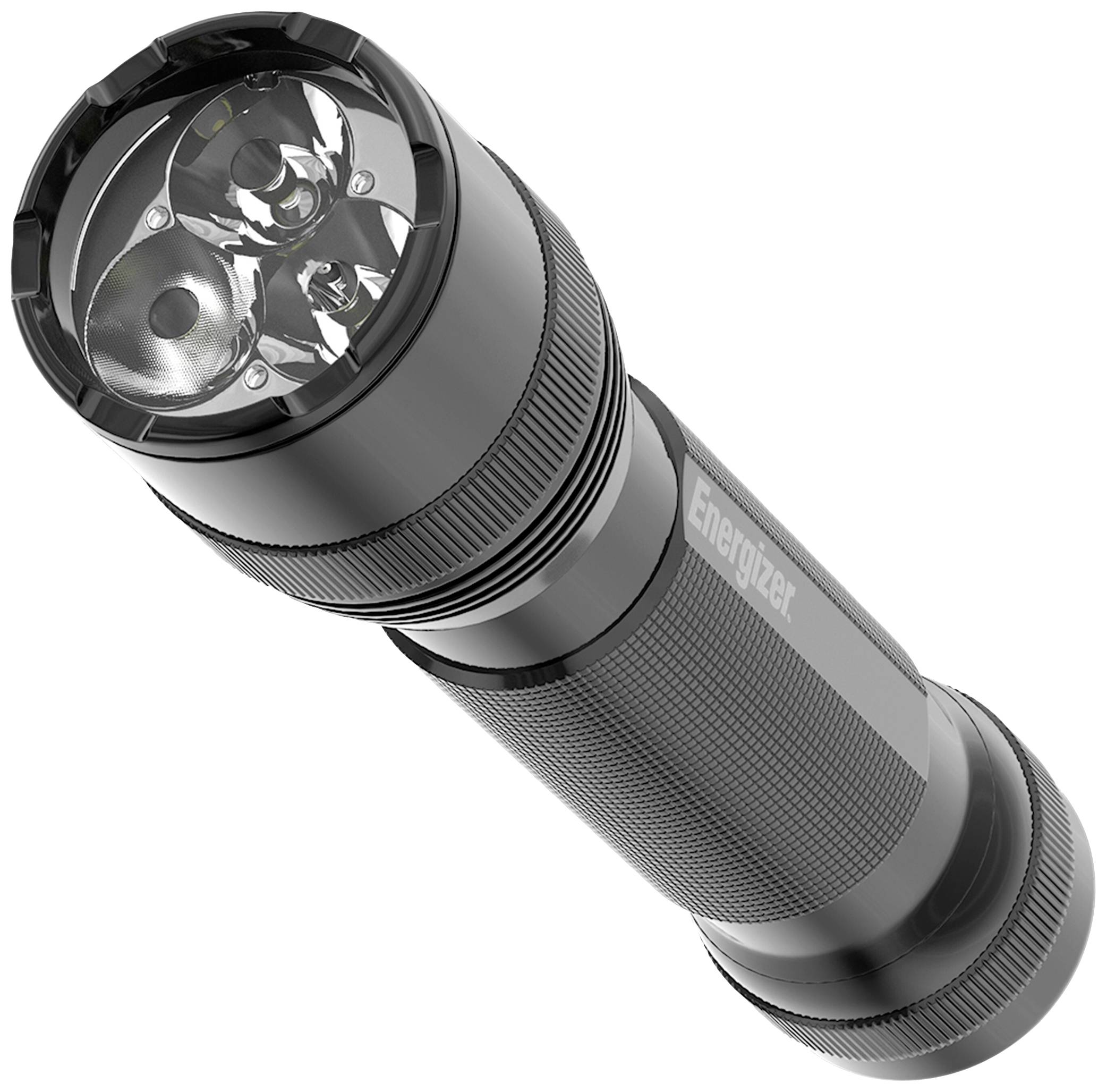 Metallische Taschenlampe in Schwarz, zylinderförmig mit geriffeltem Griff für besseren Halt. Lampenkopf enthält mehrere LED-Leuchten.