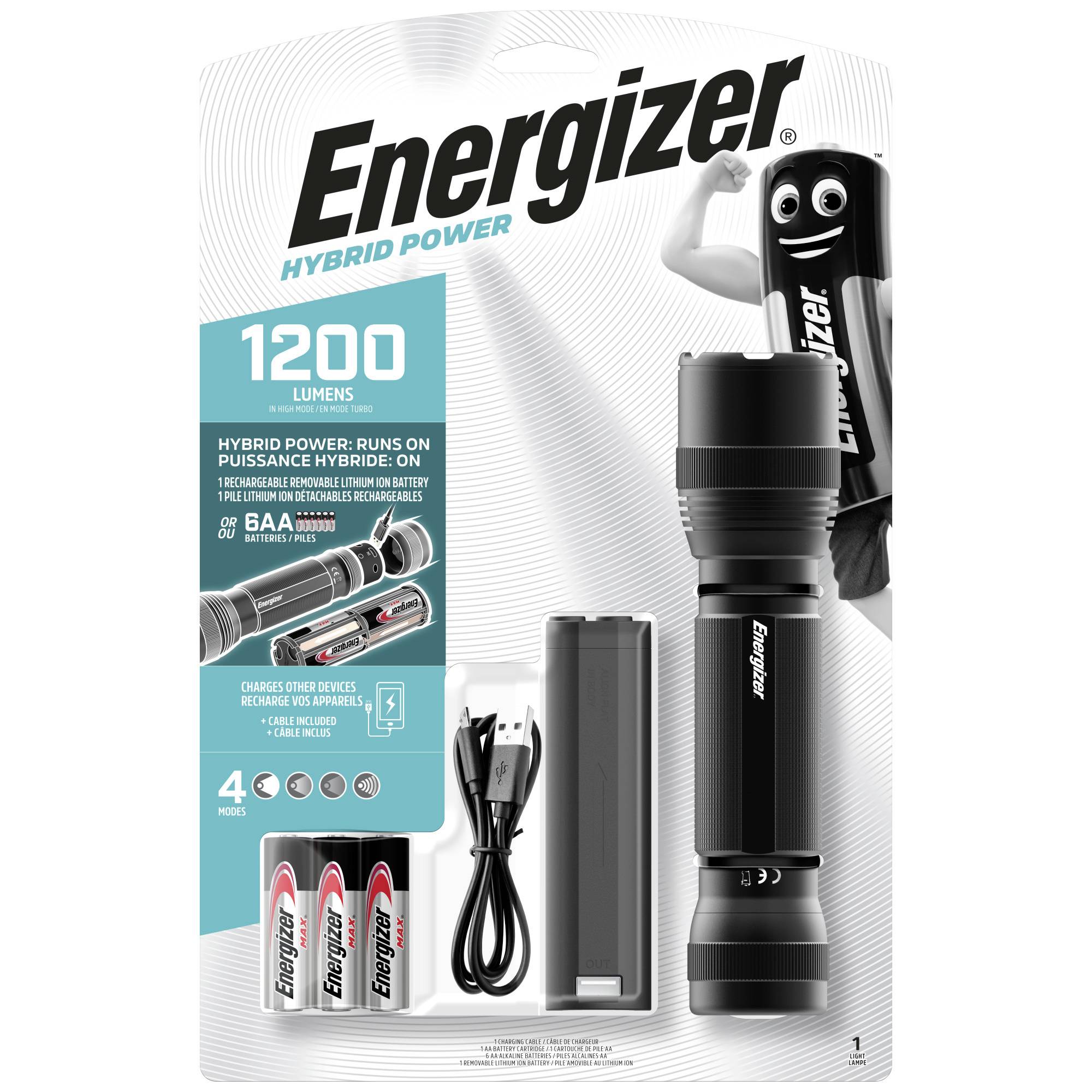 Energizer-Taschenlampenpaket mit 1200 Lumen. Enthält Taschenlampe, Akkusteckplatz, USB-Kabel und vier Batterien.