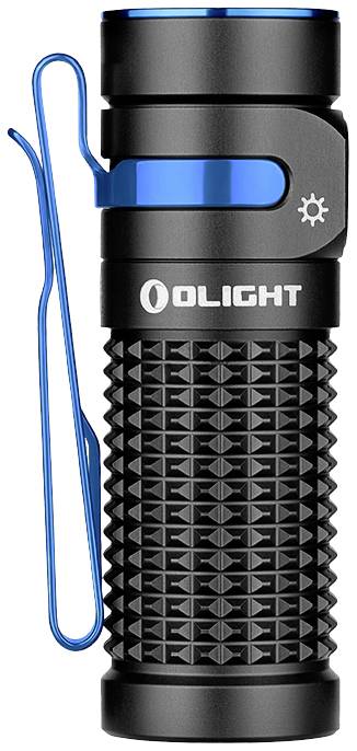 Schwarze Taschenlampe mit blauen Akzenten und Clip, kompakt und robust, markiert mit 'OLIGHT'. Ideal für den Outdoor-Einsatz.