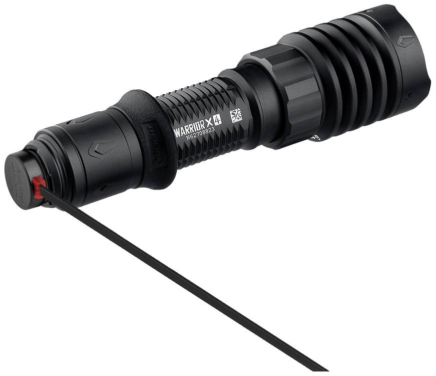 Eine schwarze Taschenlampe mit robustem Design, geeignet für outdoor Aktivitäten, liegt auf der Seite.