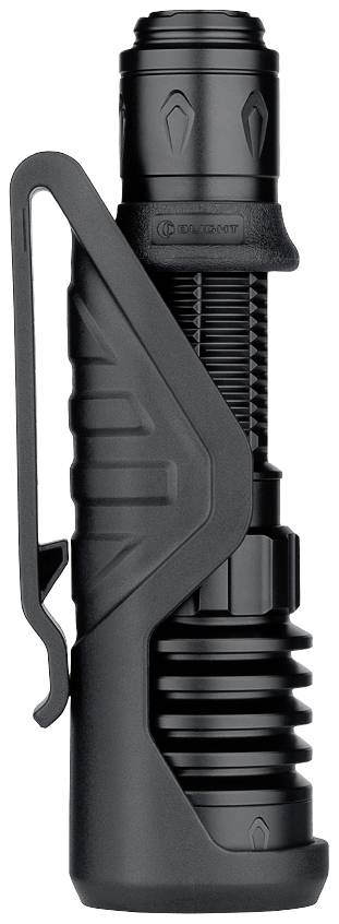 Schwarze LED-Taschenlampe mit langem, geripptem Griff und Clip an der Seite. Geeignet für Outdoor-Aktivitäten oder den Notfallgebrauch.