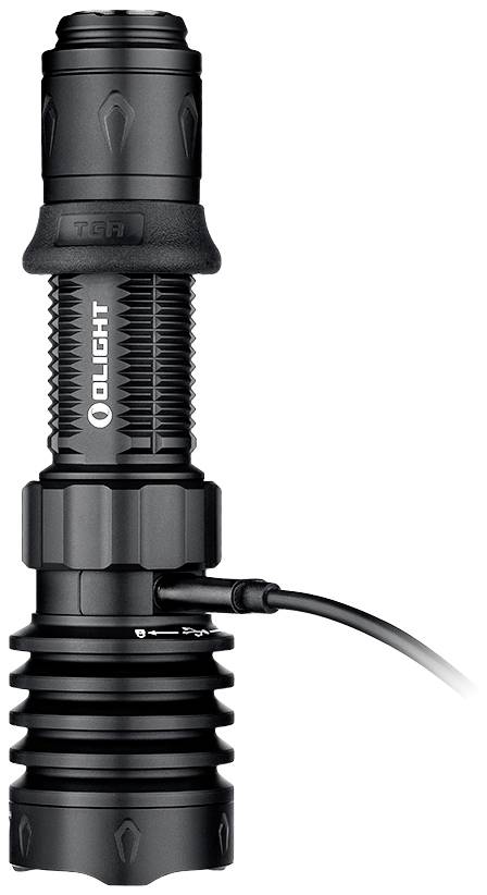 Taschenlampe mit robustem Design, aufladbar über USB-Kabel.