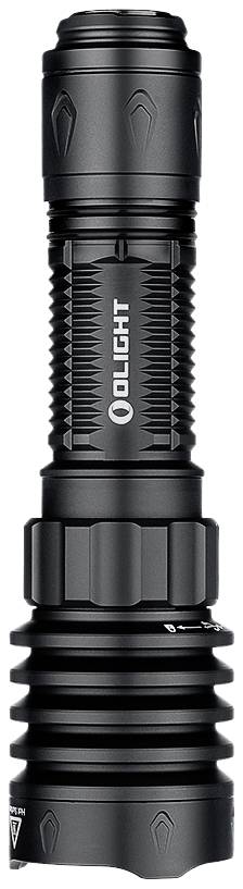 Schwarze Taschenlampe mit geriffeltem Griff und Schriftzug 'Olight'.