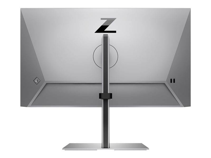 Ein grauer Computermonitor von hinten, mit einem stilisierten 'Z'-Logo oben und einem schlanken Standfuß in der Mitte.