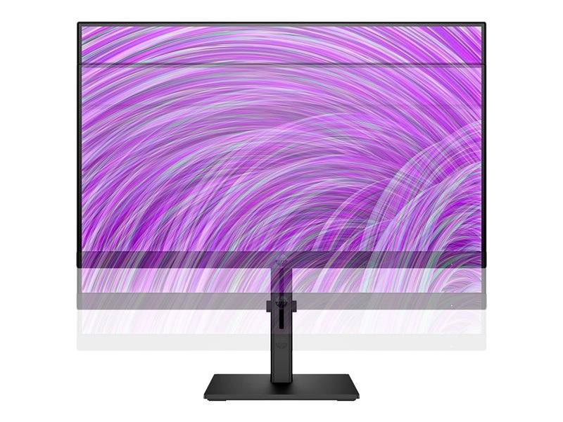 Ein moderner, flacher Monitor mit einem schlanken schwarzen Rahmen, zeigt ein lebhaftes, abstraktes lila Muster auf dem Bildschirm.