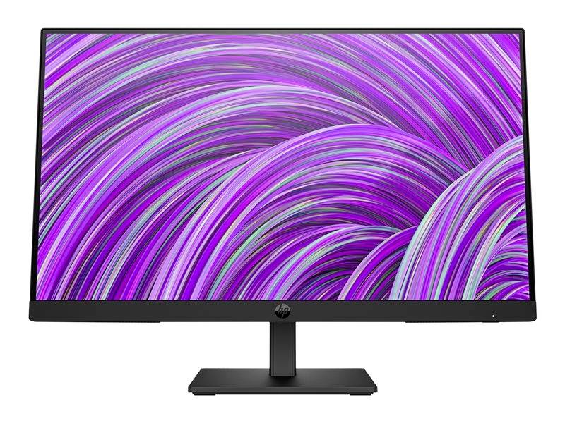 Ein Monitor mit einem abstrakten Bildschirmschoner, der rosa- und violett-gefärbte Linien zeigt, die dynamisch und verschlungen wirken.
