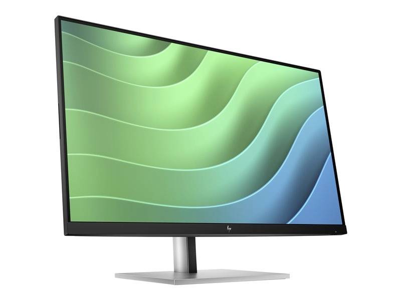 Ein moderner Computerbildschirm zeigt abstrakte grüne und blaue Wellen auf dem Display. Der Monitor hat einen schmalen schwarzen Rahmen.