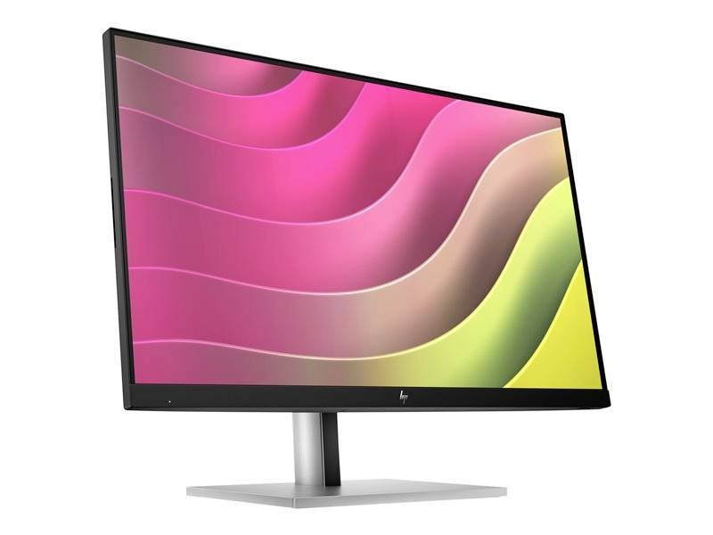 Ein Monitor mit einem modernen Design und buntem Bildschirm. Darauf sind farbige, wellenförmige Muster in Pink und Gelb zu sehen.