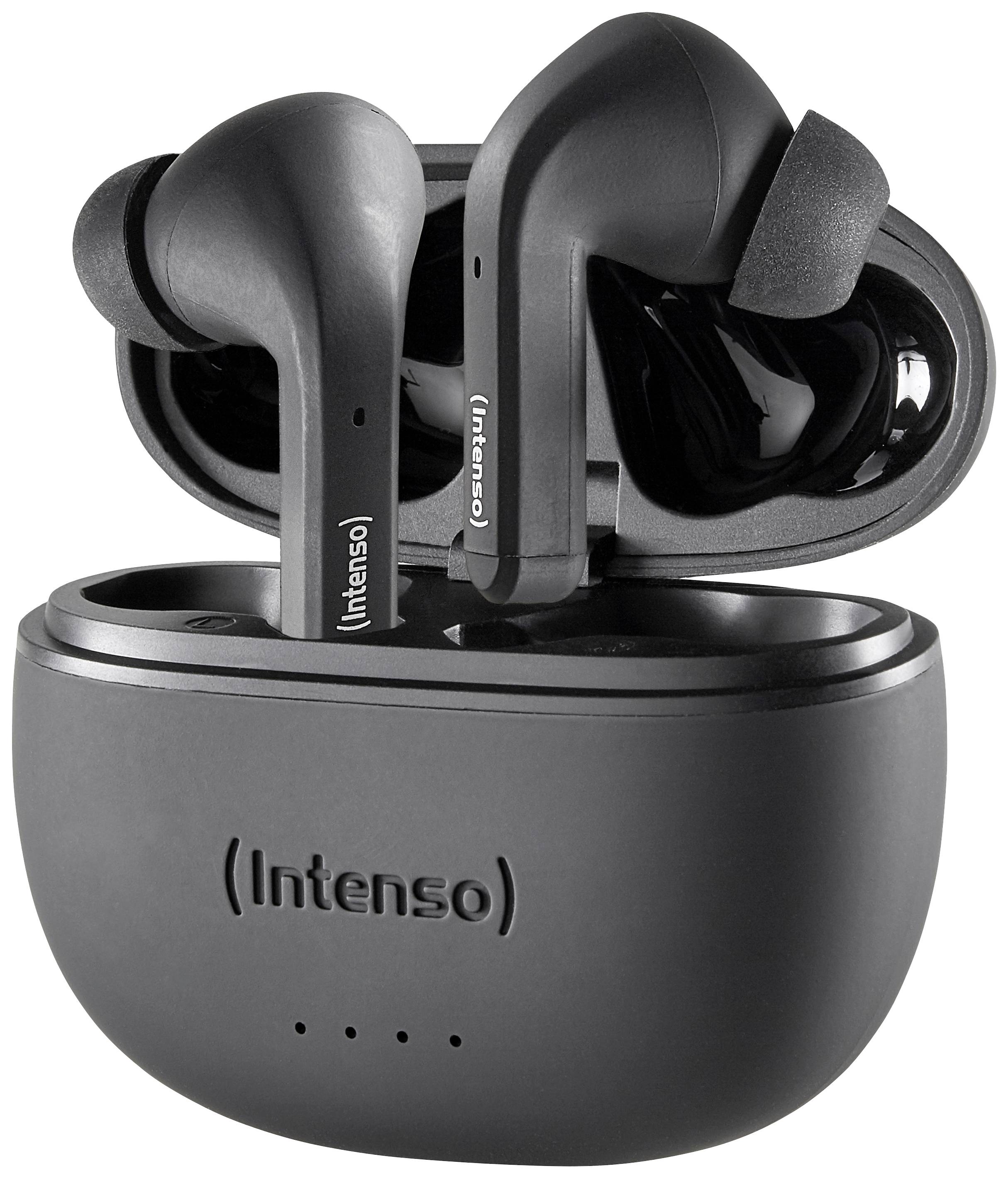 Schwarze kabellose In-Ear-Kopfhörer der Marke Intenso, die in einem passenden Ladeetui präsentiert werden.