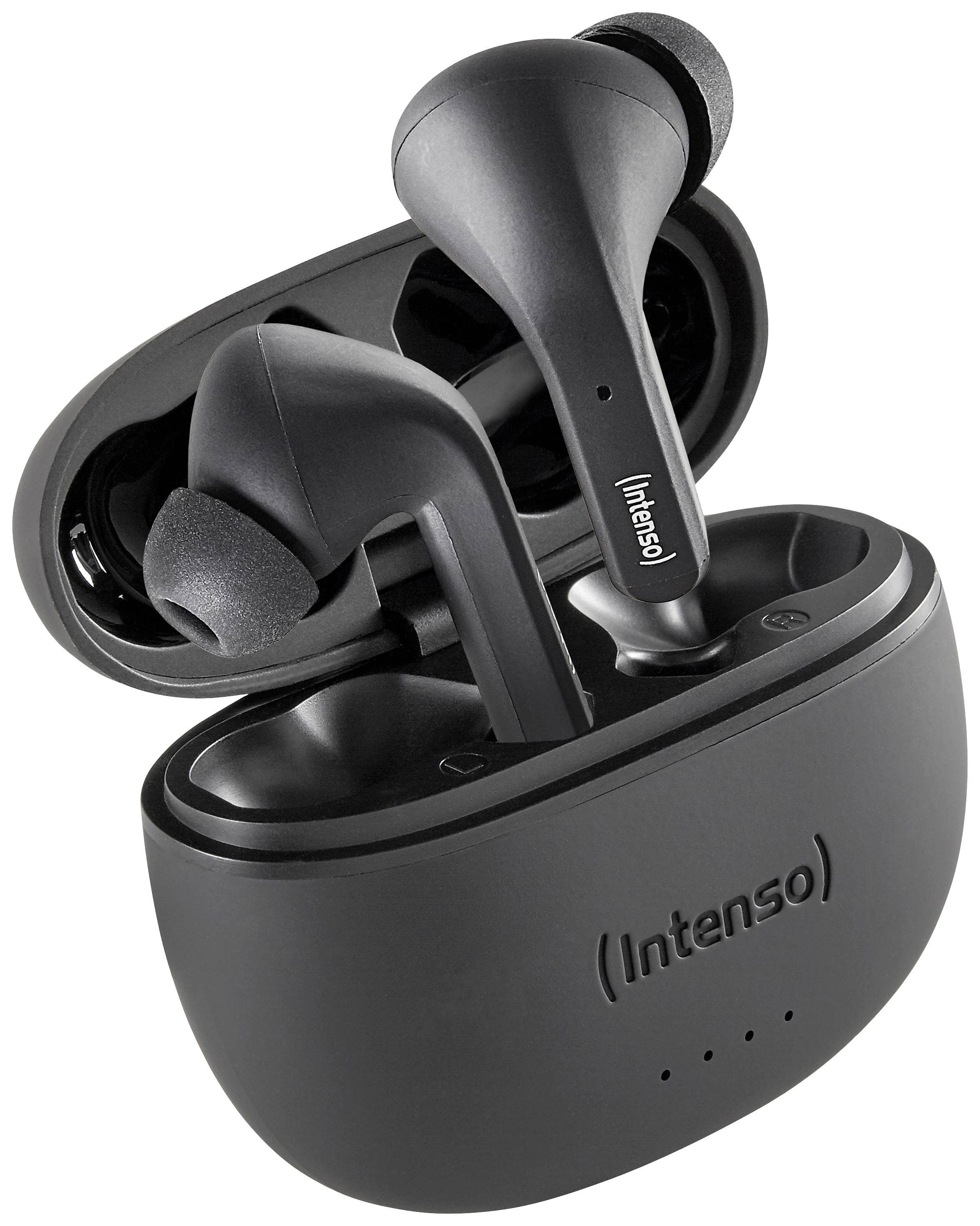 Schwarze kabellose In-Ear-Kopfhörer der Marke 'Intenso', in einer offenen Ladehülle präsentiert.