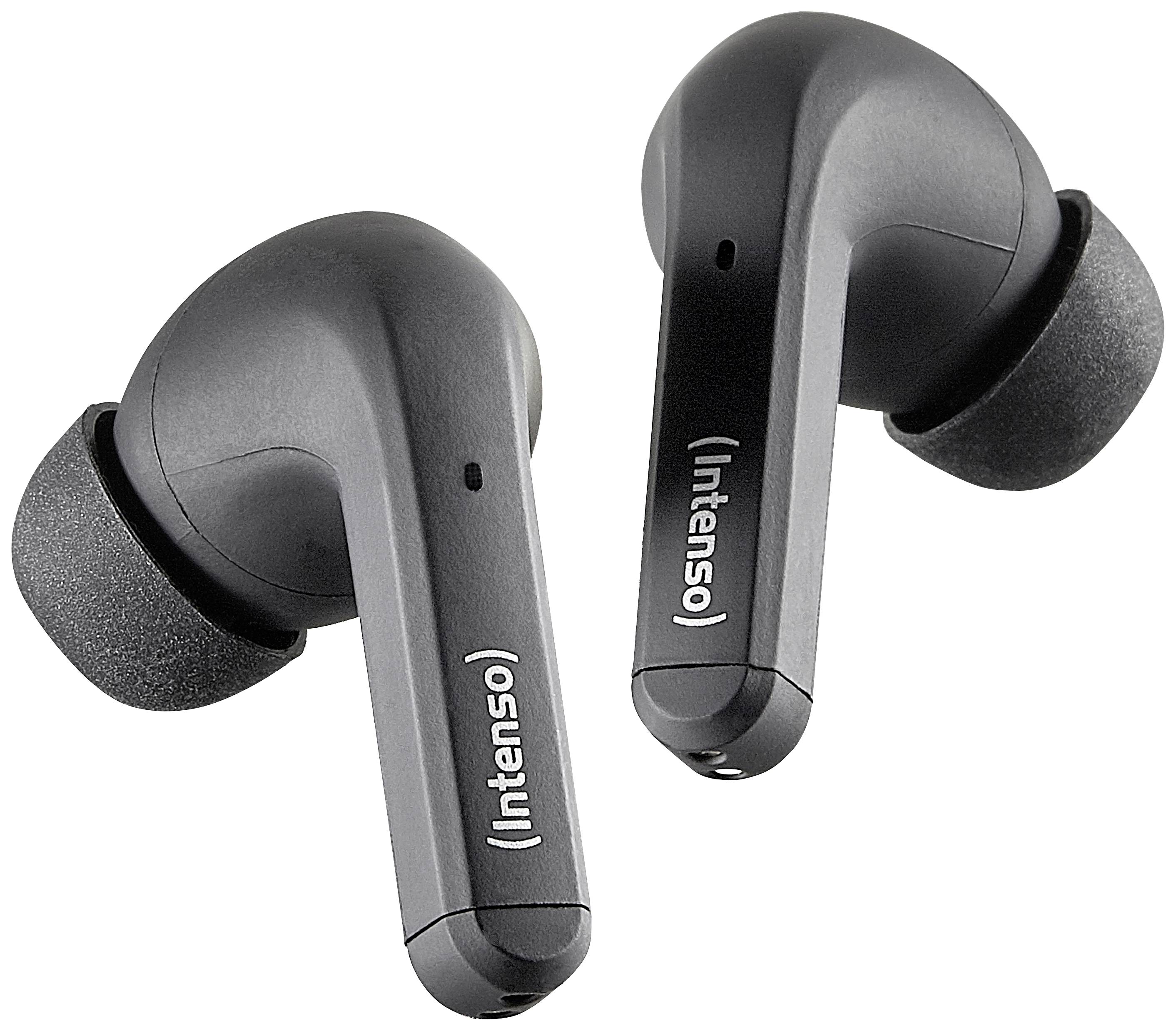 Schwarze kabellose In-Ear-Kopfhörer der Marke Intenso. Sie haben ein glattes Design und sind für den bequemen Sitz im Ohr konzipiert.