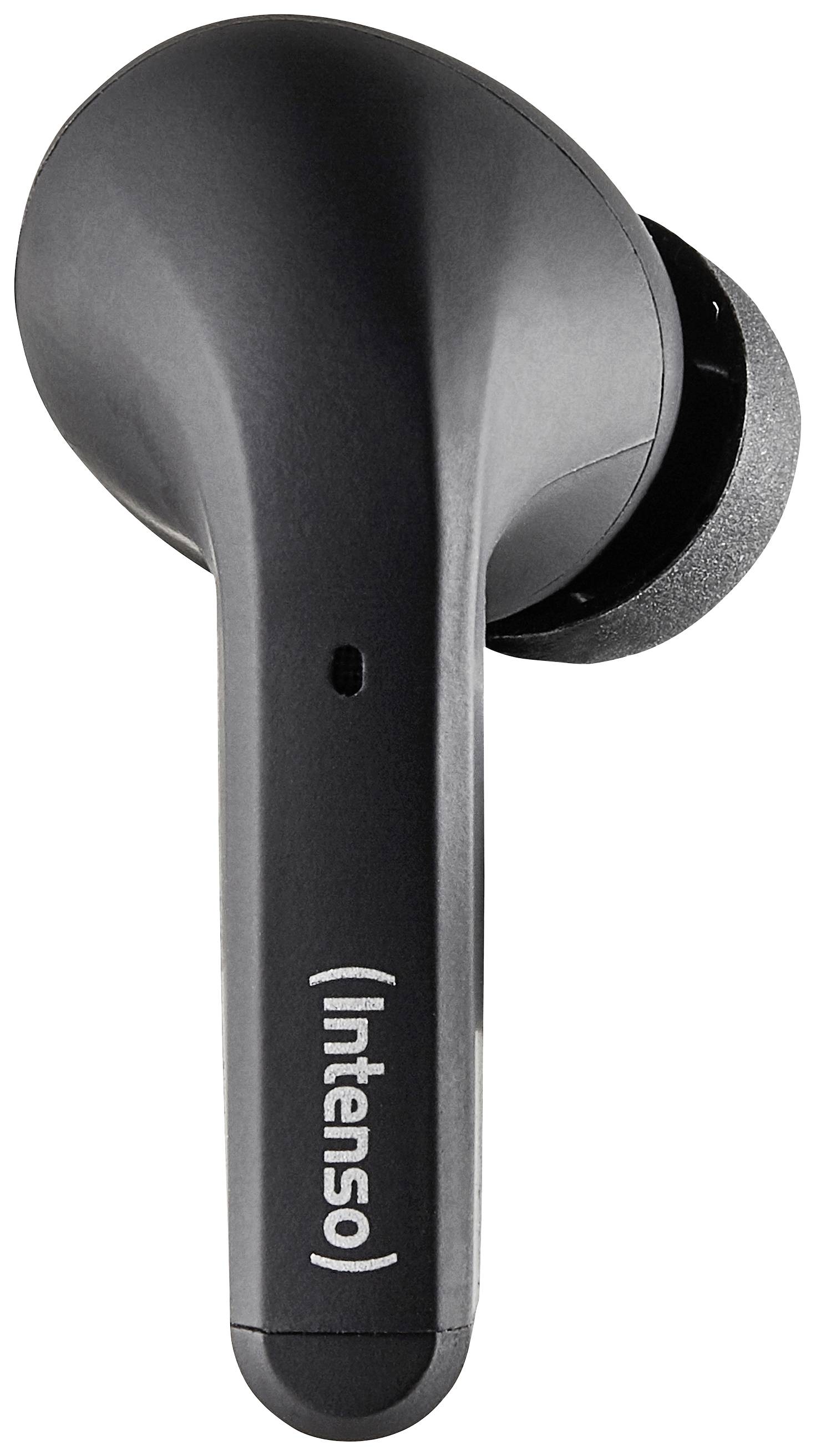 Schwarzer kabelloser Ohrhörer mit 'Intenso'-Logo auf der Seite, modernes schlichtes Design.