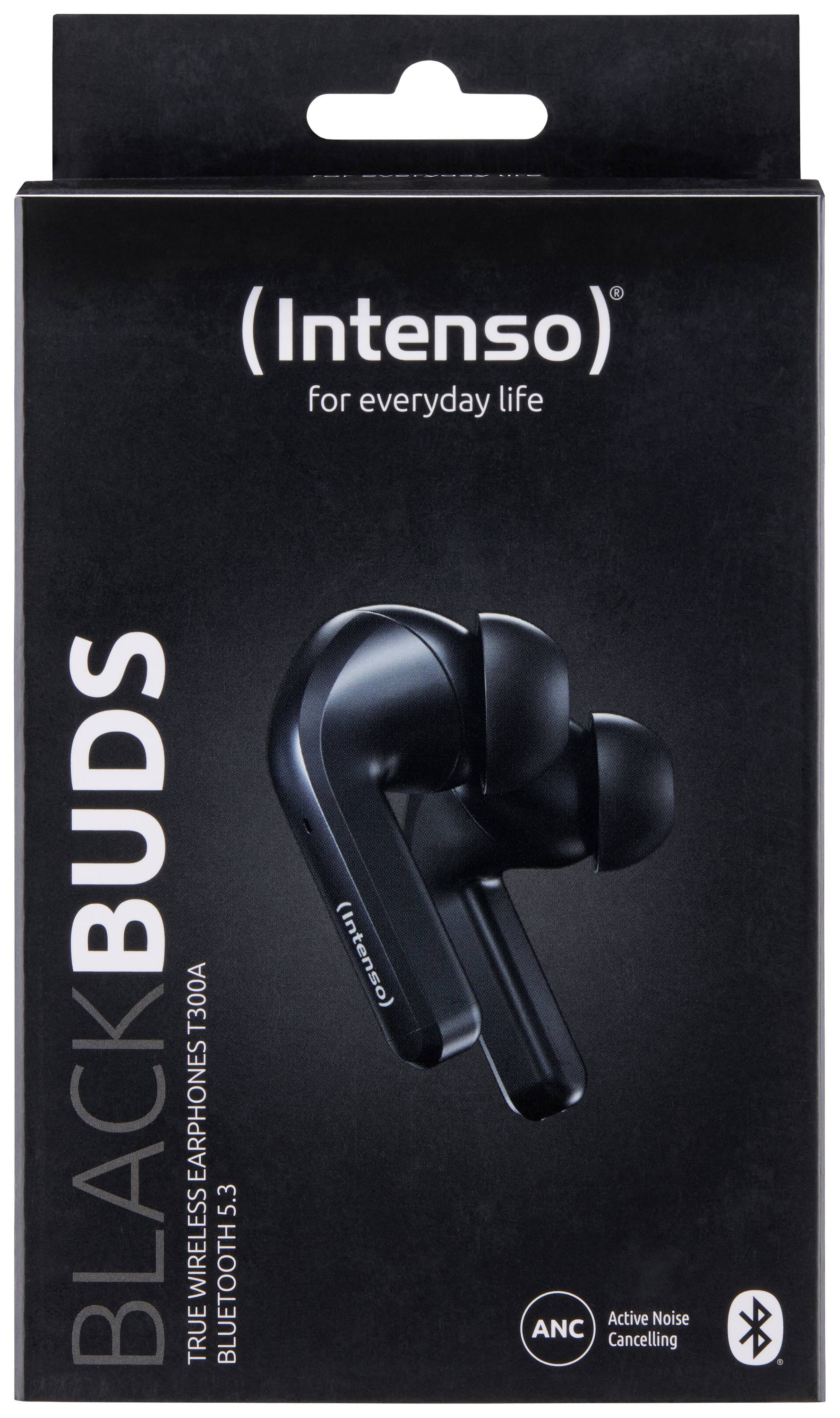 'Intenso BLACKBUDS' Verpackung: Kabellose schwarze Ohrhörer mit aktiver Geräuschunterdrückung und Bluetooth 5.3.