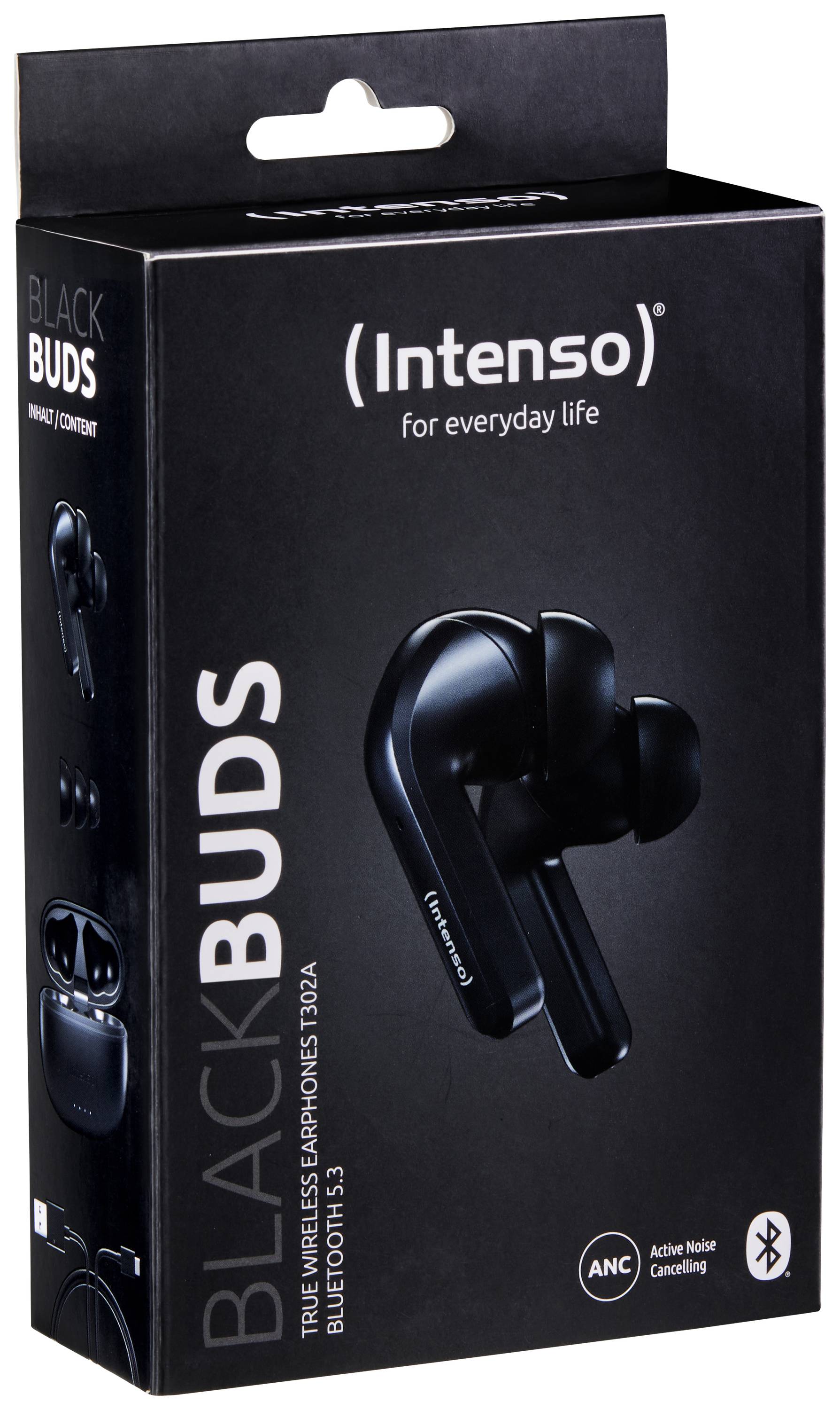 Schwarze, kabellose Ohrhörer-Verpackung. Marke 'Intenso', Modell 'BlackBuds', unterstützt Bluetooth 5.3 und aktive Geräuschunterdrückung.