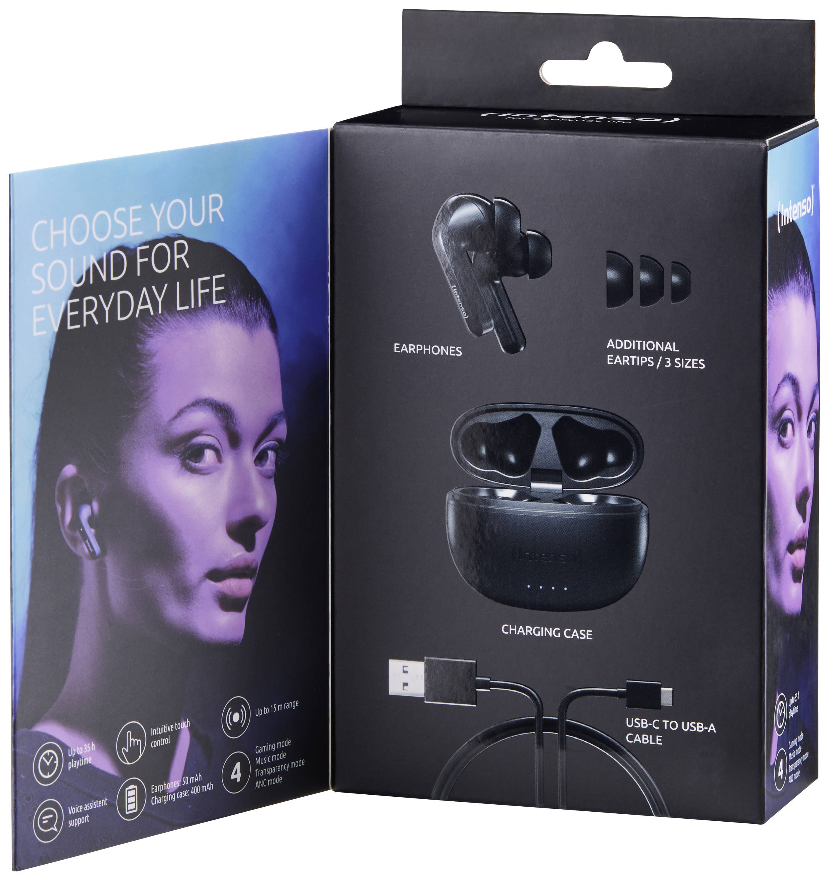 Verpackung von kabellosen Ohrhörern mit Ladekoffer, USB-C-Kabel und drei Ohrstöpselgrößen. Aufdruck: 'Choose your sound for everyday life'.