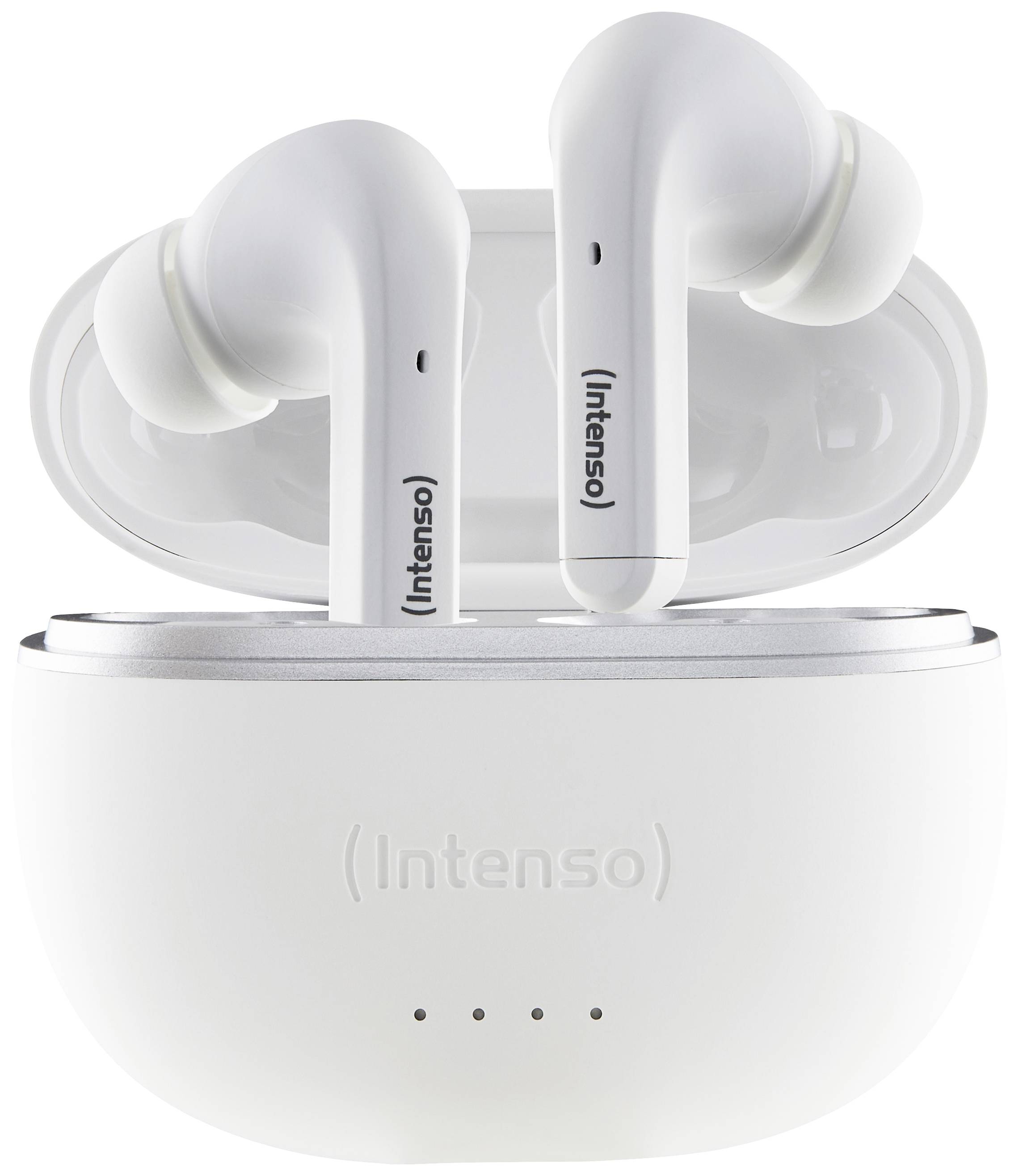 Intenso kabellose In-Ear-Kopfhörer mit Ladecase. Weißes, modernes Design, Fokus auf Tragbarkeit und Komfort.