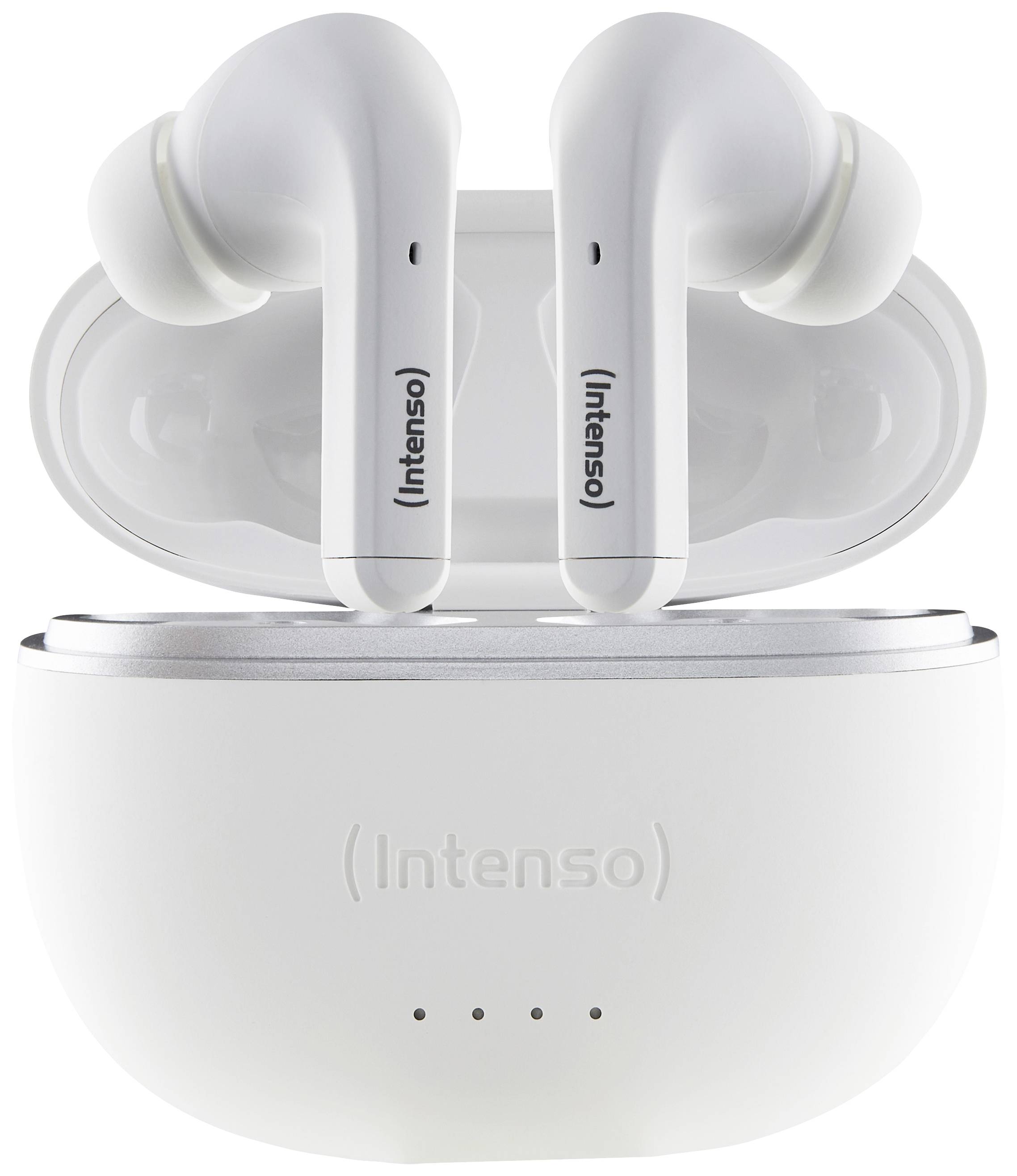 Weiße kabellose In-Ear-Kopfhörer der Marke 'Intenso' in einer geöffneten Ladebox.