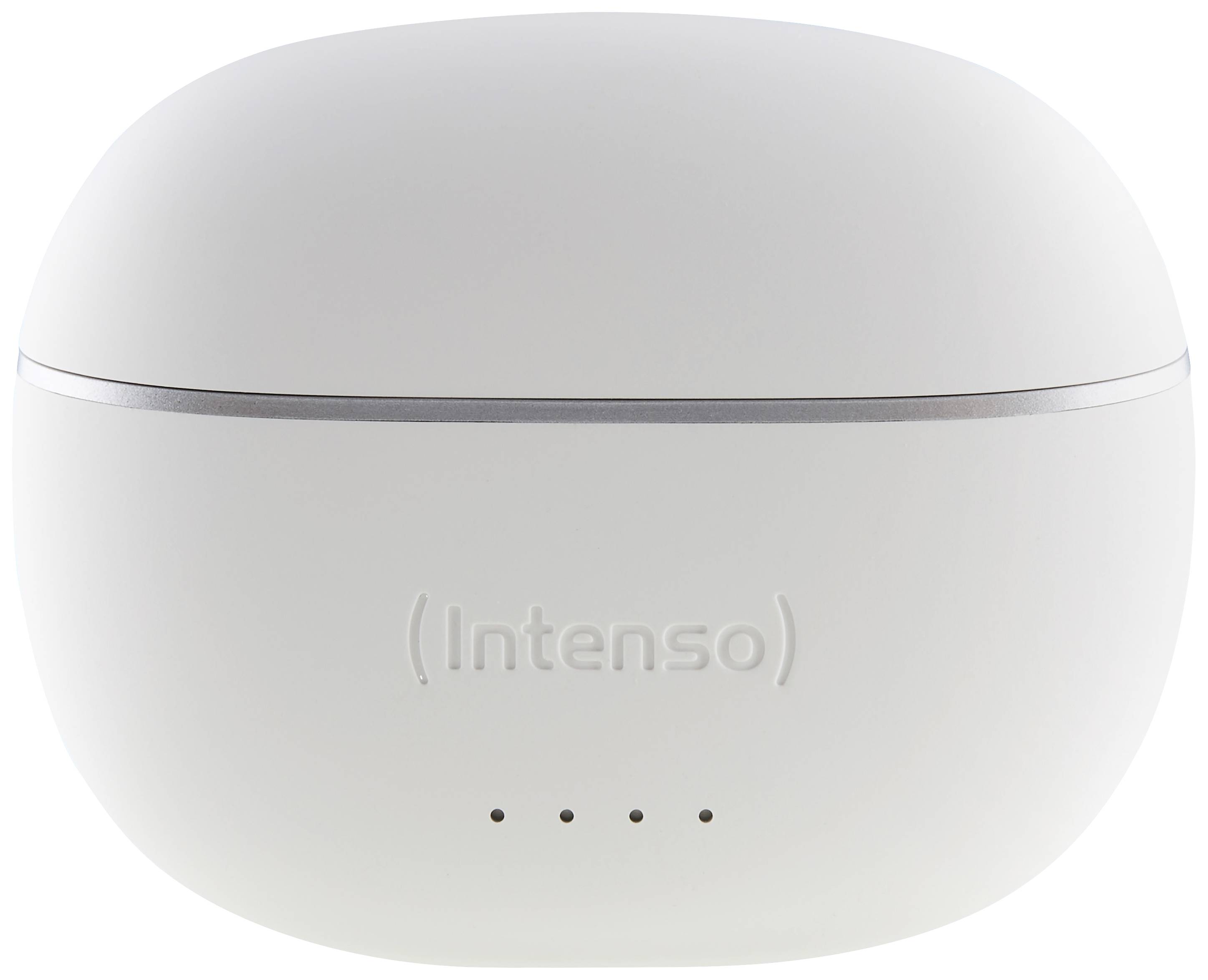 Weiße, ovale Ladebox mit dem Logo 'Intenso' auf der Vorderseite, darunter vier kleine LEDs zur Anzeige des Ladestatus.