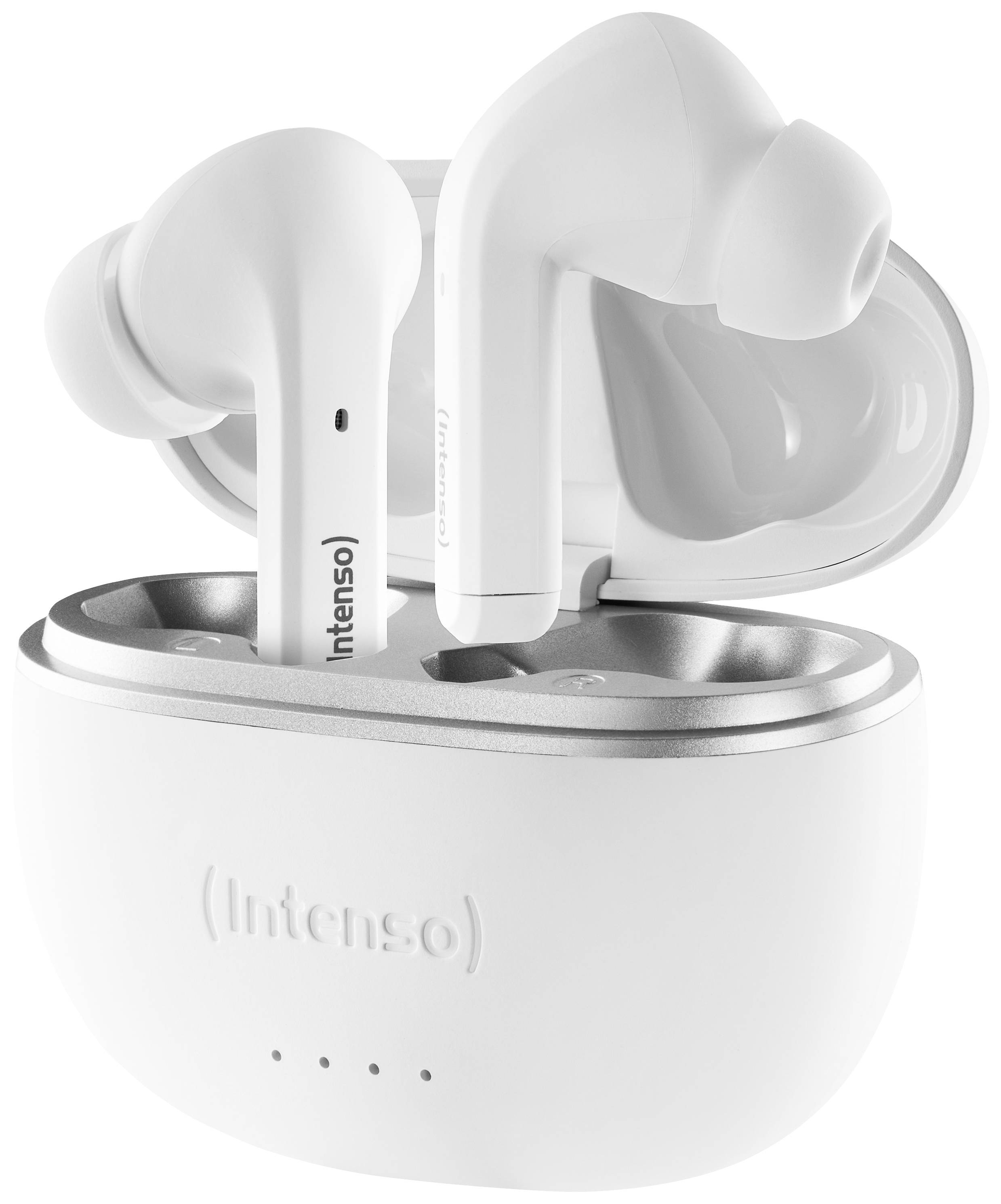 Weiße kabellose In-Ear-Kopfhörer in einer offenen Ladehülle.