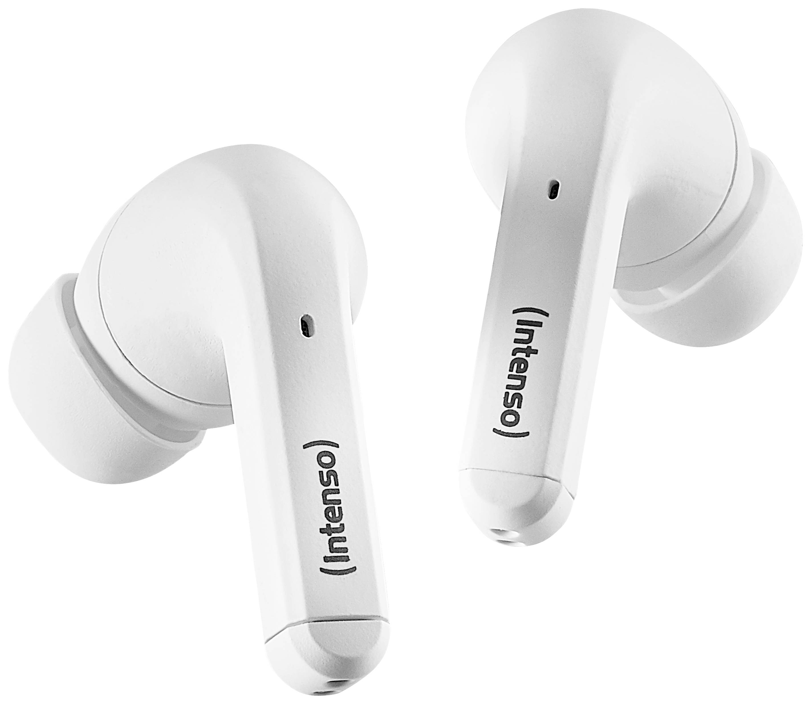 Zwei kabellose weiße Ohrhörer mit der Aufschrift 'Intenso' auf der Seite, abgebildet vor einem neutralen Hintergrund.