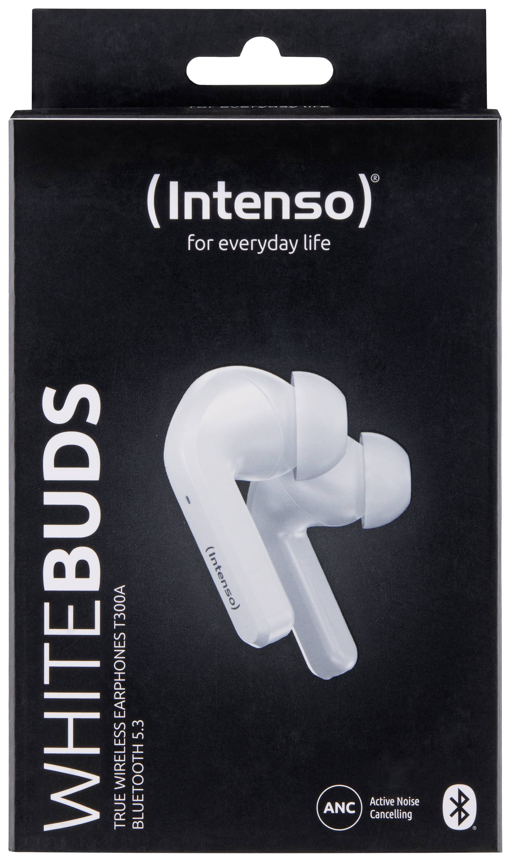 Verpackung eines Intenso WhiteBuds Bluetooth-Kopfhörers mit Geräuschunterdrückung. Die Kopfhörer sind weiß dargestellt.