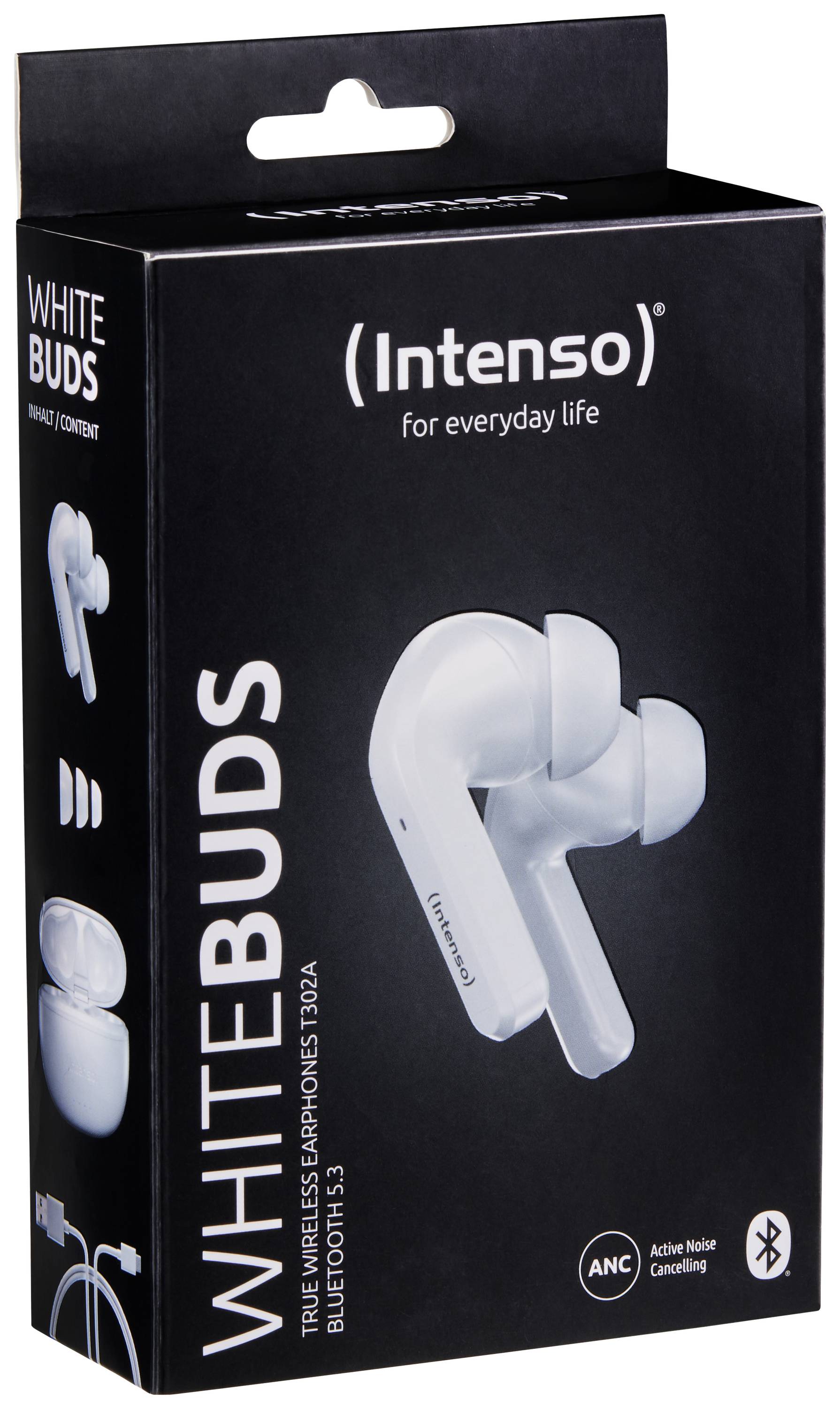 Verpackung von Intenso WhiteBuds, kabellose In-Ear-Kopfhörer mit aktiver Geräuschunterdrückung und Bluetooth 5.3.