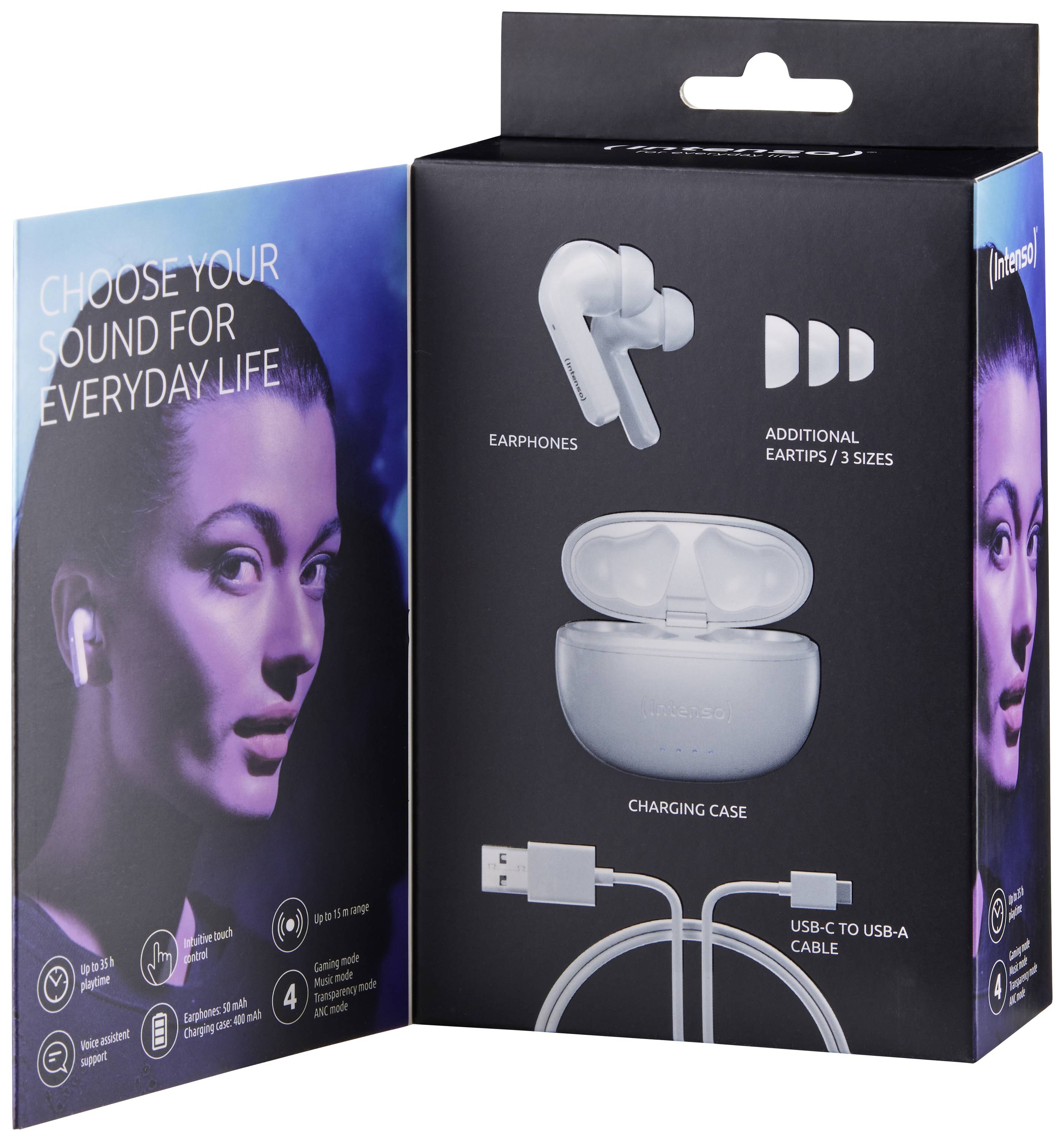 Eine Verpackung von kabellosen Ohrhörern mit Ladekabel, mehreren Ohrstöpseln und Ladecase. 'Choose your sound for everyday life' steht auf der Verpackung.
