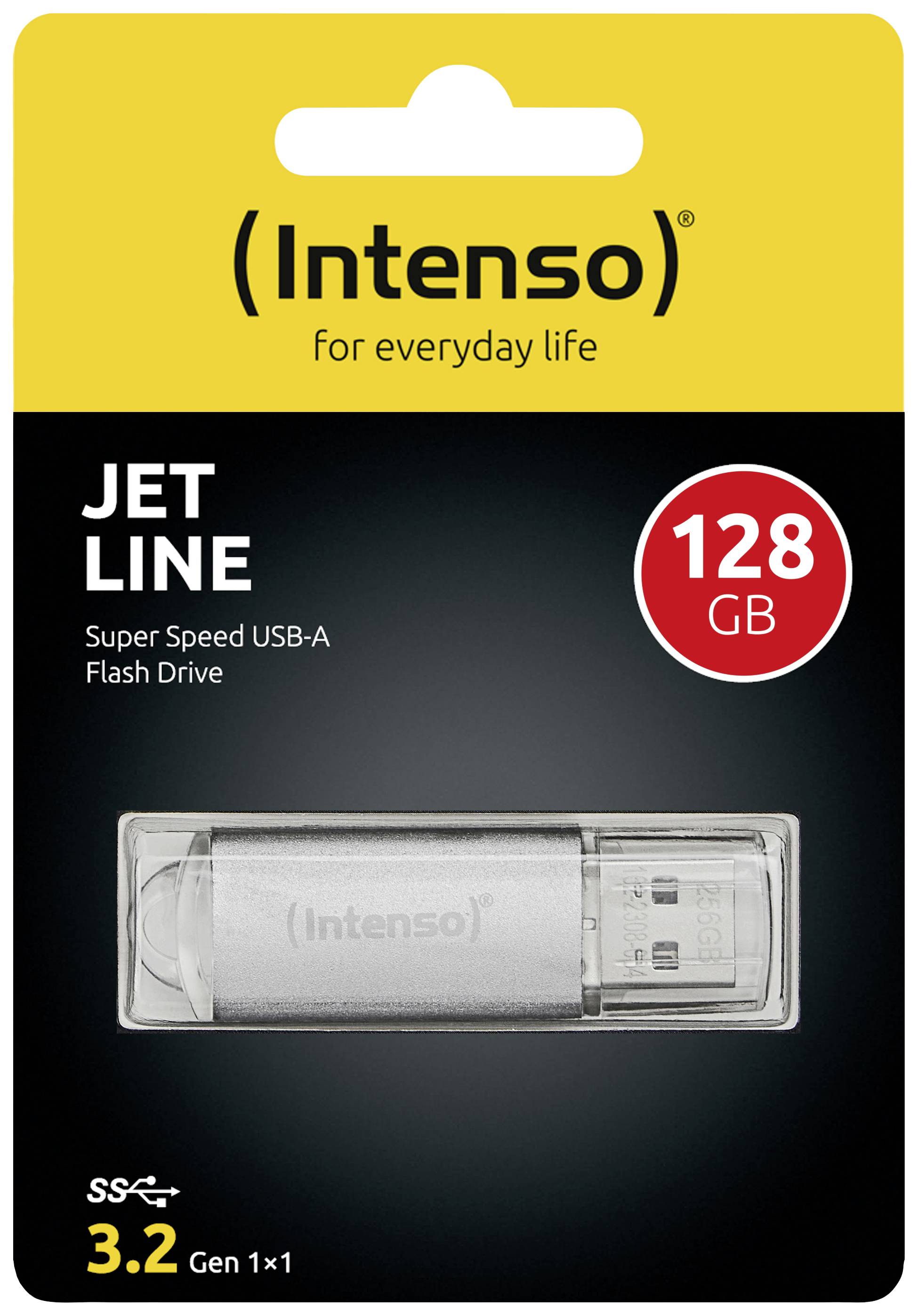 'Intenso' USB-Stick 128 GB, Jet Line, Super Speed USB-A, auf schwarzer Verpackung mit gelbem Hintergrund oben; ideal für schnelle Datenübertragung.
