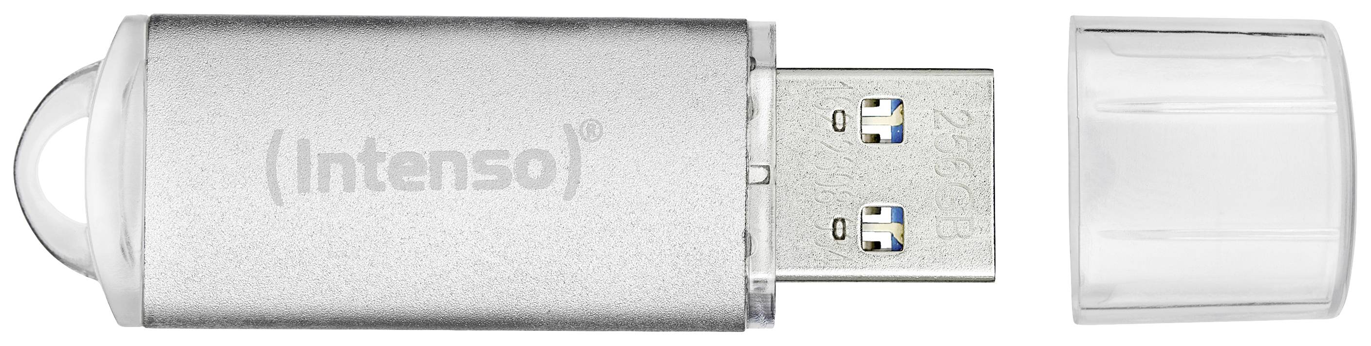 Ein silberner USB-Stick mit abgenommener Kappe, die den USB-Anschluss zeigt. Auf dem Stick steht das Logo 'Intenso'.